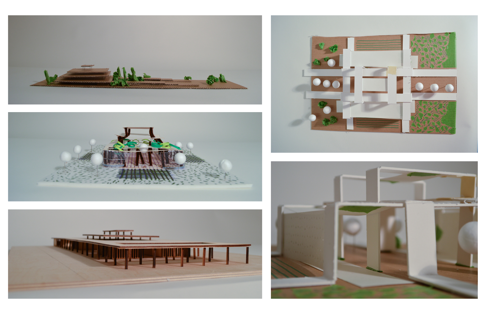 Collection of architectural models including a multi-level building with green landscaping and a small structure with a bridge, all made from various materials such as cardboard, paper, and plastic, displayed on a white background.
