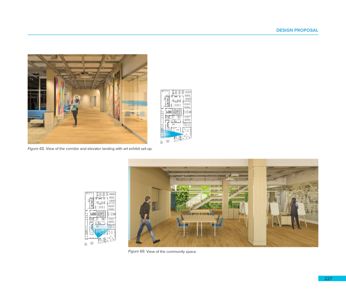 Renderings of an interior design project, featuring a corridor with artwork and a community space with seating and a mural wall.