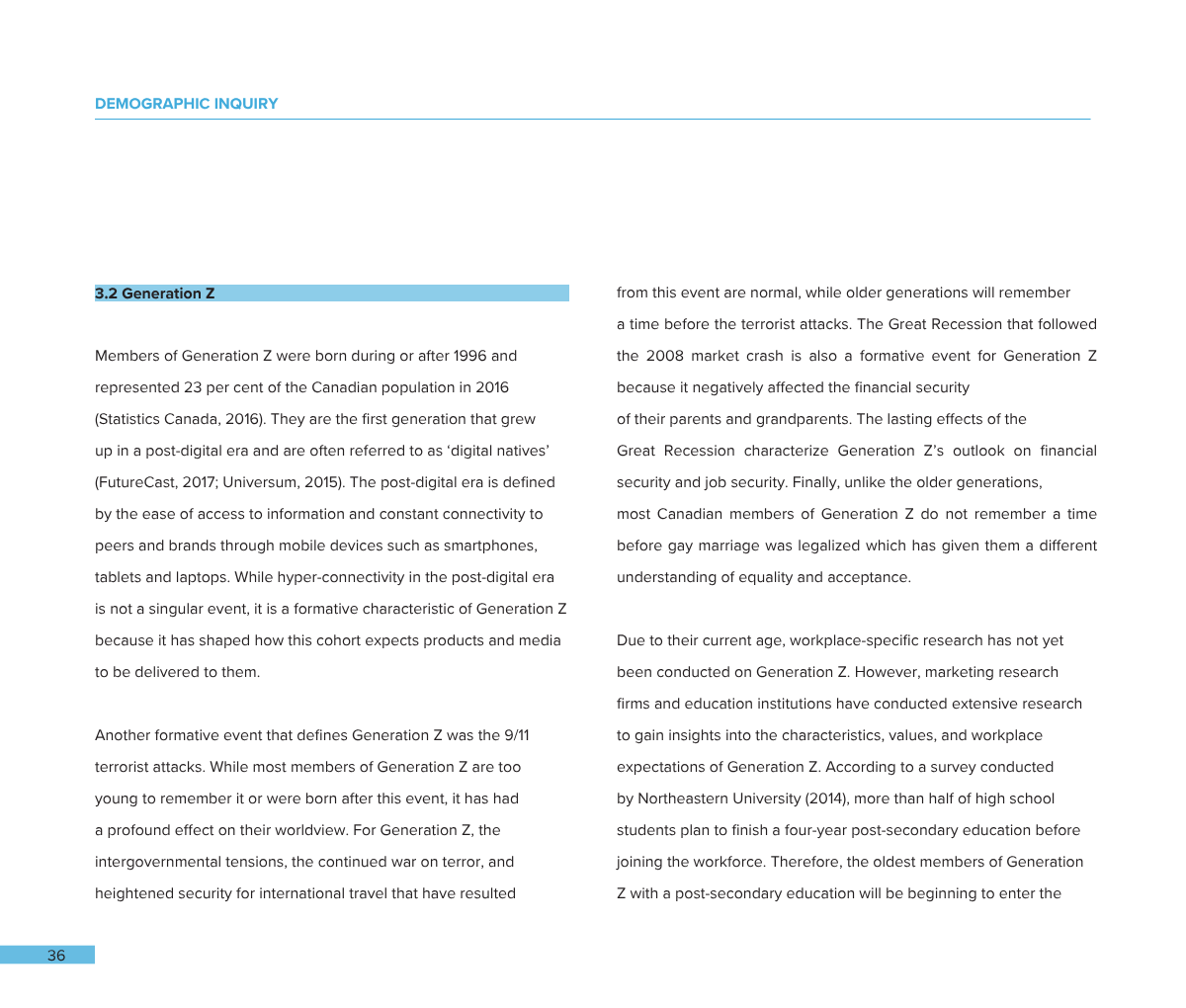 Page from a report or book discussing demographic inquiry and Generation Z, including their characteristics, birth year, and societal impacts, with section headings in blue and a page number 36 at the bottom.