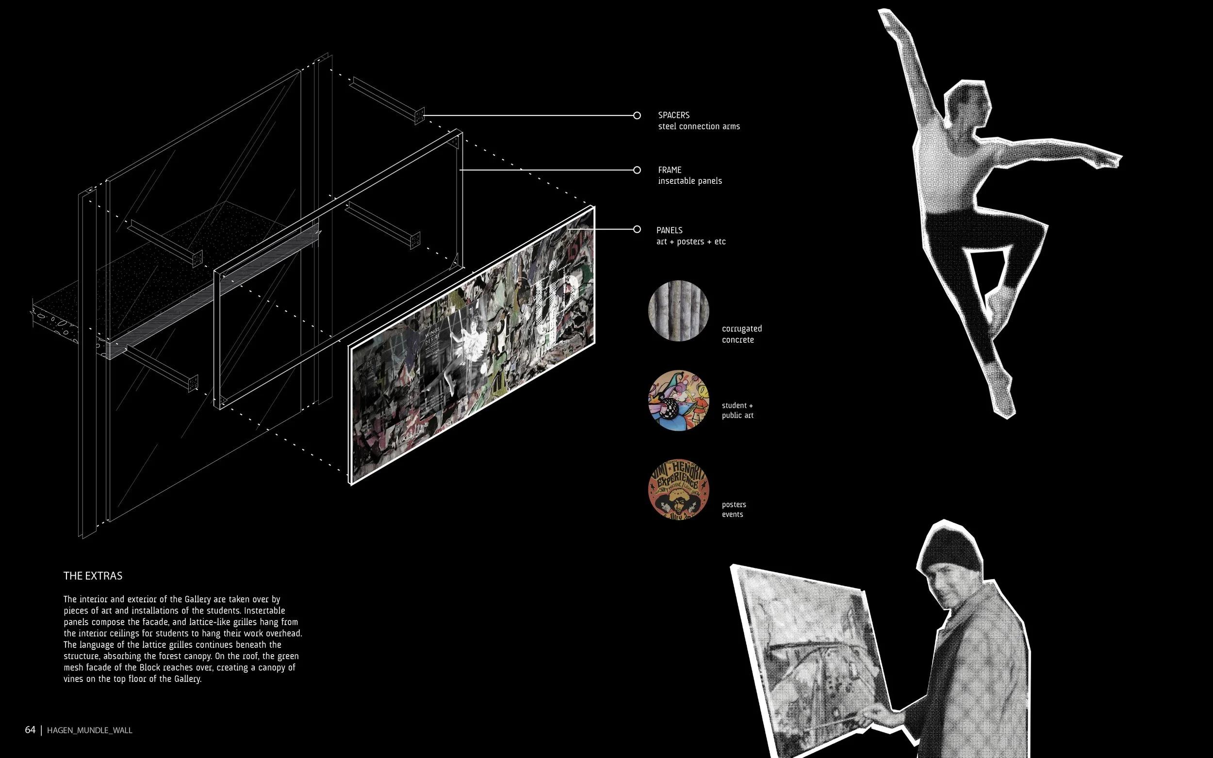 Diagram of gallery design with labeled structural components, including spacers, frame, panels, and posters. A woman is depicted on the right holding a book, with a textured grayscale effect.