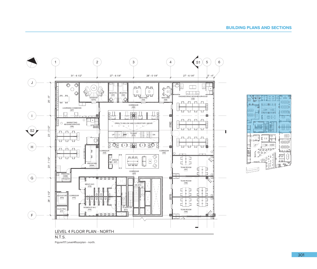 Architectural floor plan of a building's fourth level, showing rooms labeled learning commons, marketing neighborhood, webinars, meeting rooms, corridors, team rooms, restrooms, and technical facilities.
