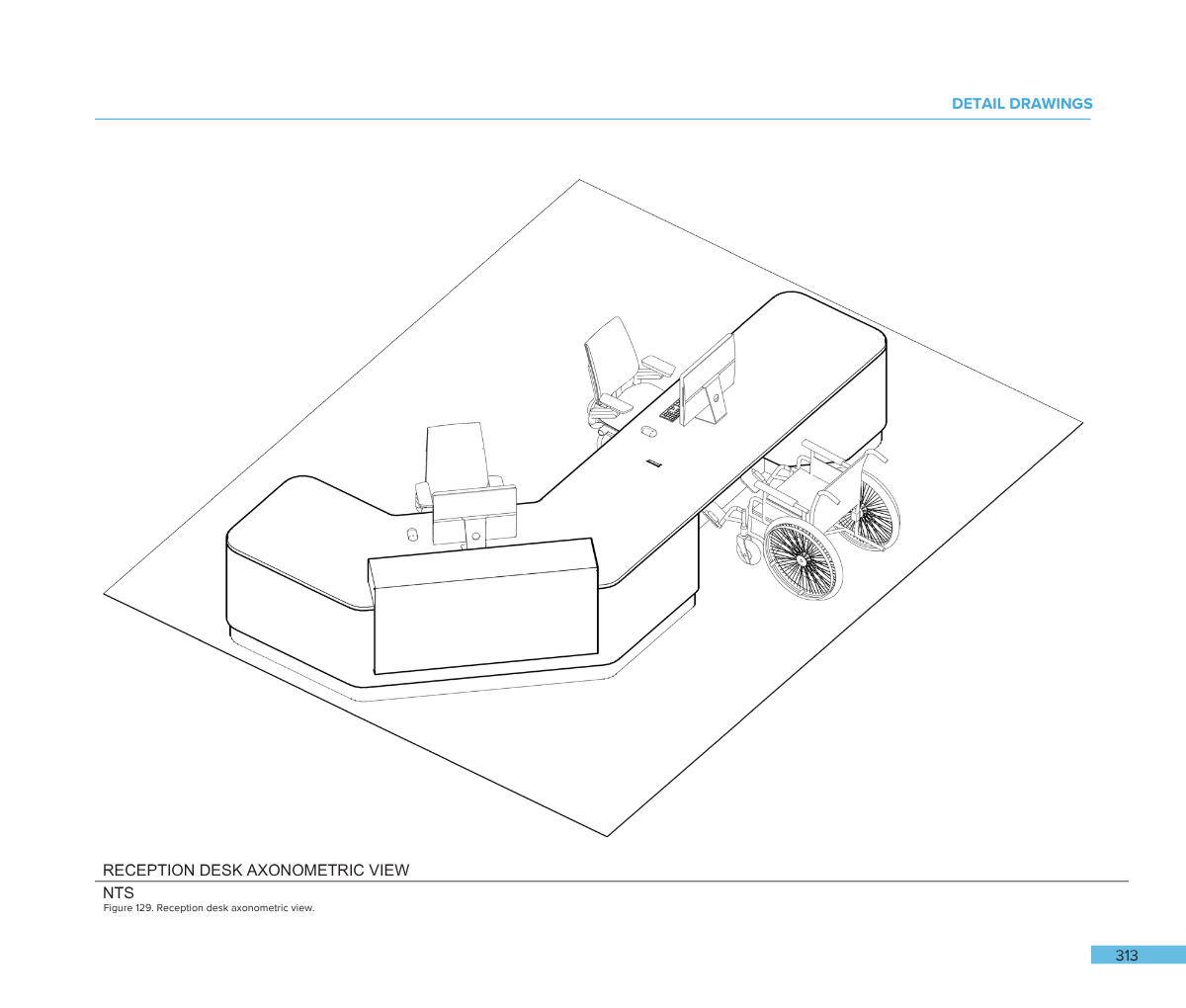 Isometric view of a reception desk with two chairs, a computer, and a wheelchair.