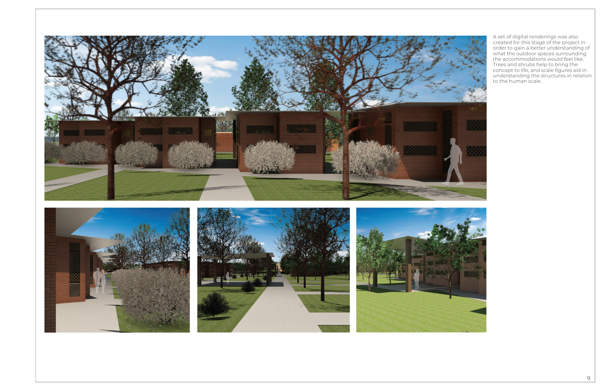 A conceptual architectural rendering of an outdoor space with modern brick buildings, paved walkways, well-maintained grass, and trees, including shrubs and small plants, under a blue sky with scattered clouds.