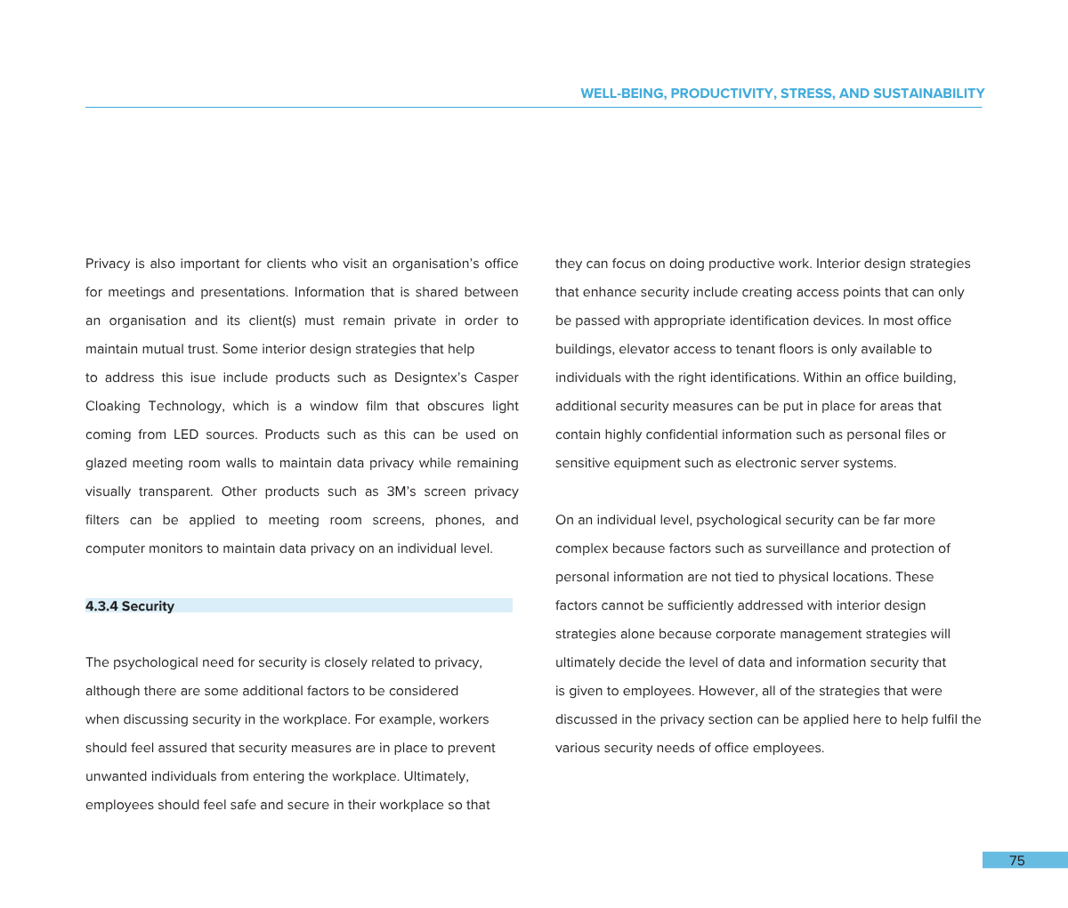 Text excerpt from a document discussing workplace security, privacy, interior design strategies, access control, and data protection measures.