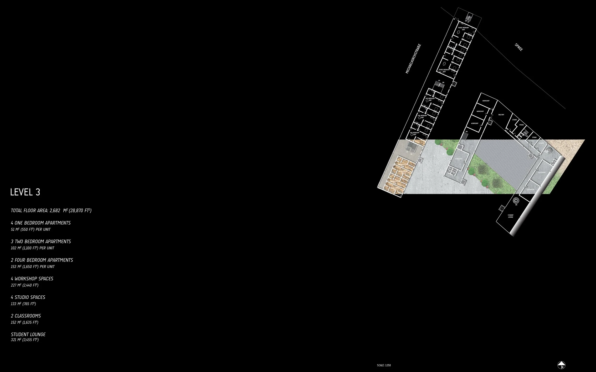 Architectural floor plan of a building with labeled rooms, outdoor green space, and detailed layout, focusing on level 3.
