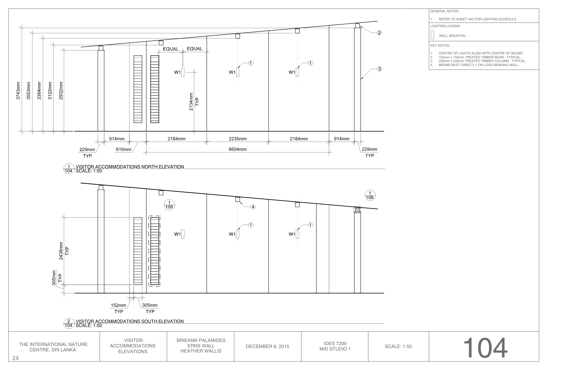 Technical architectural drawing of the International Nature Centre in Sri Lanka, showing the north and south elevations with measurements, wall-mounted lights, and structural details.