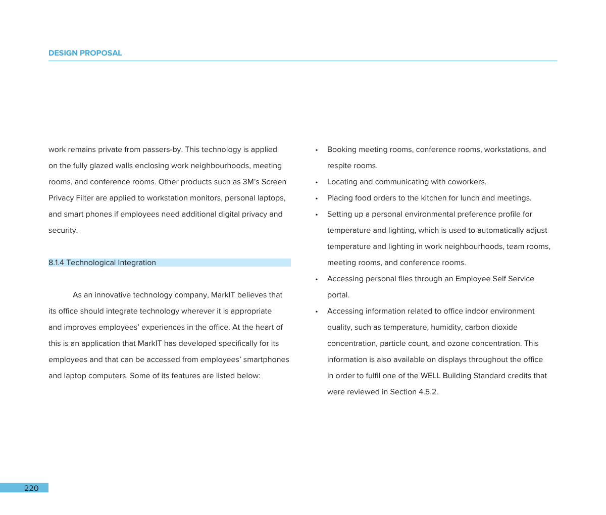 A two-page document titled 'Design Proposal' with text discussing technology integration, privacy filters, booking meeting rooms, and environmental control settings.