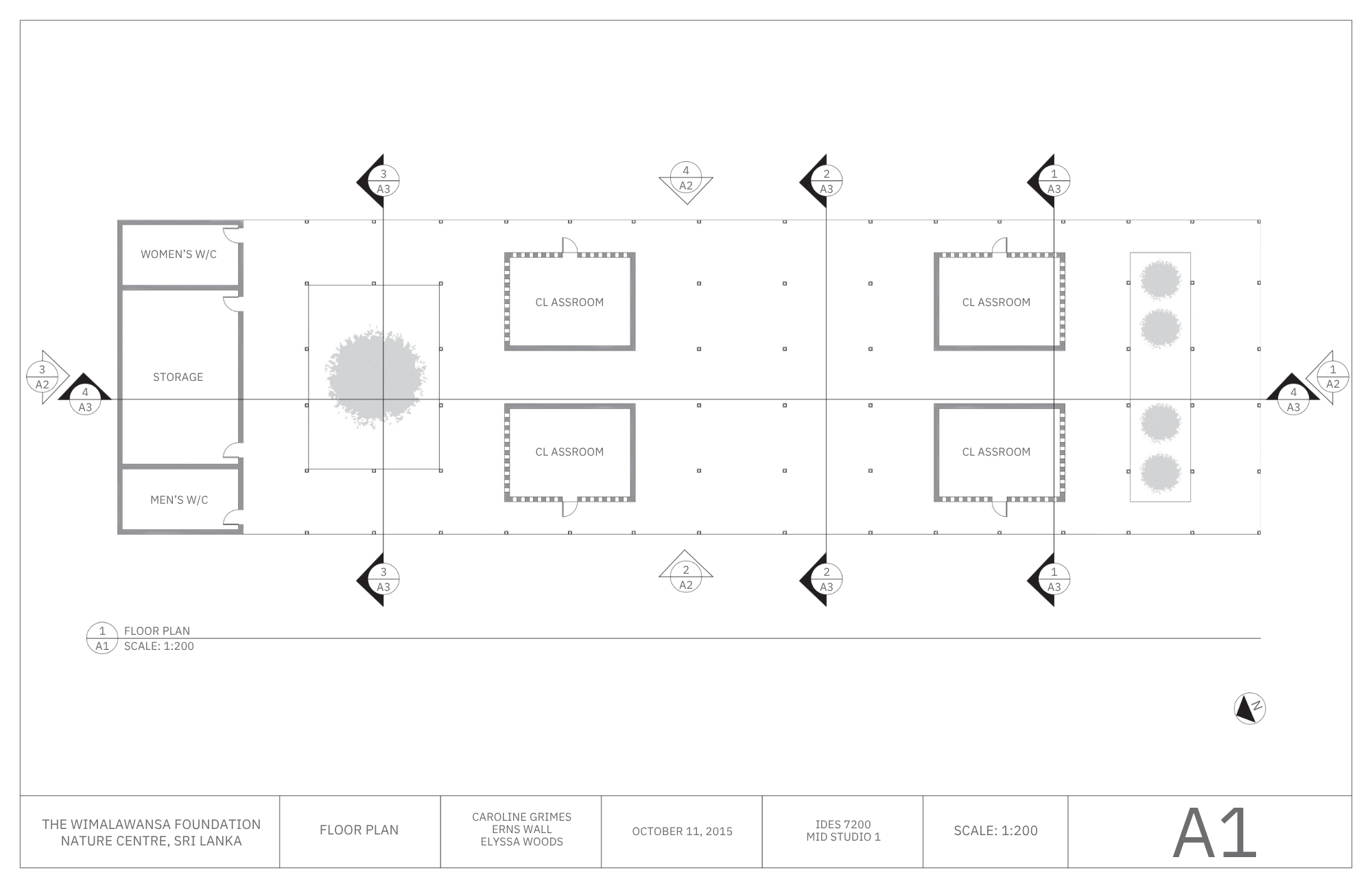 A detailed architectural floor plan of the Wimalawansa Nature Centre in Sri Lanka, showing rooms labeled as storage, men's and women's toilets, multiple classrooms, and an outdoor garden area, with scale and orientation details.