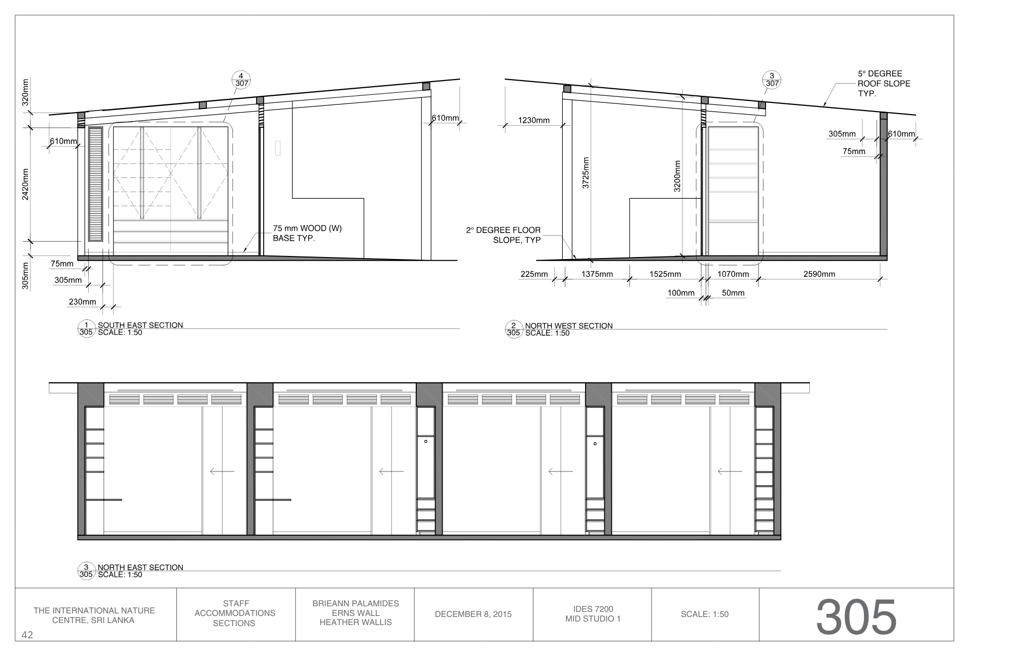 Architectural drawing of building sections with specifications and measurements, showing floor and roof slopes, wall materials, and structural details.