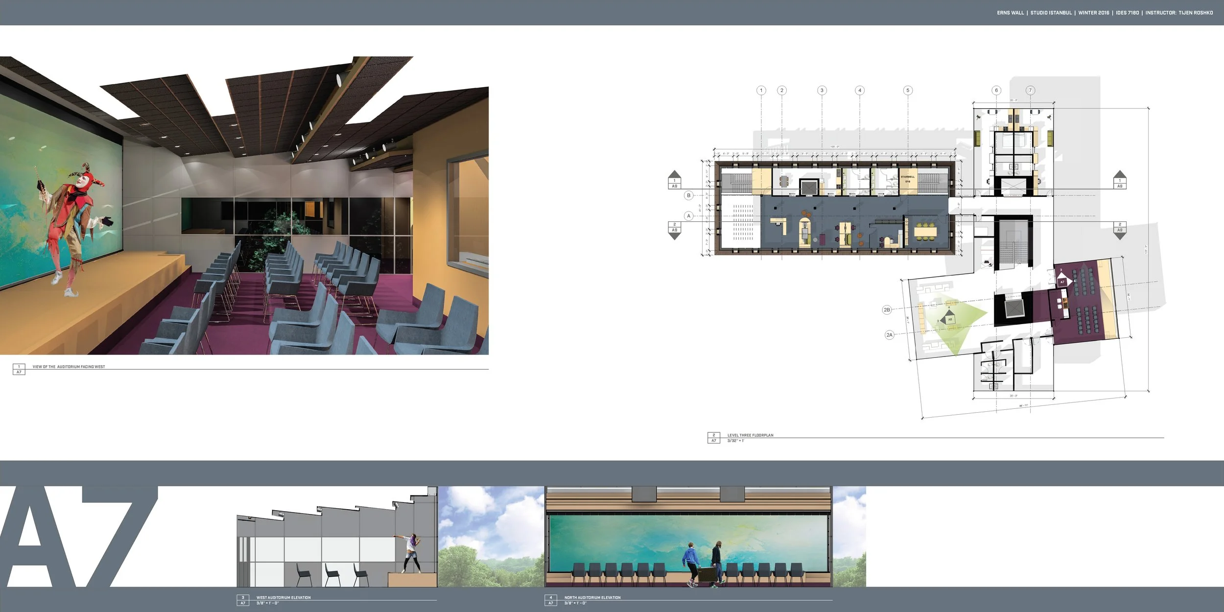 The image shows architectural plans and renderings of an auditorium building. It includes an interior view of a room with chairs facing a stage with a clown performer on it, and exterior views of the building's elevations.