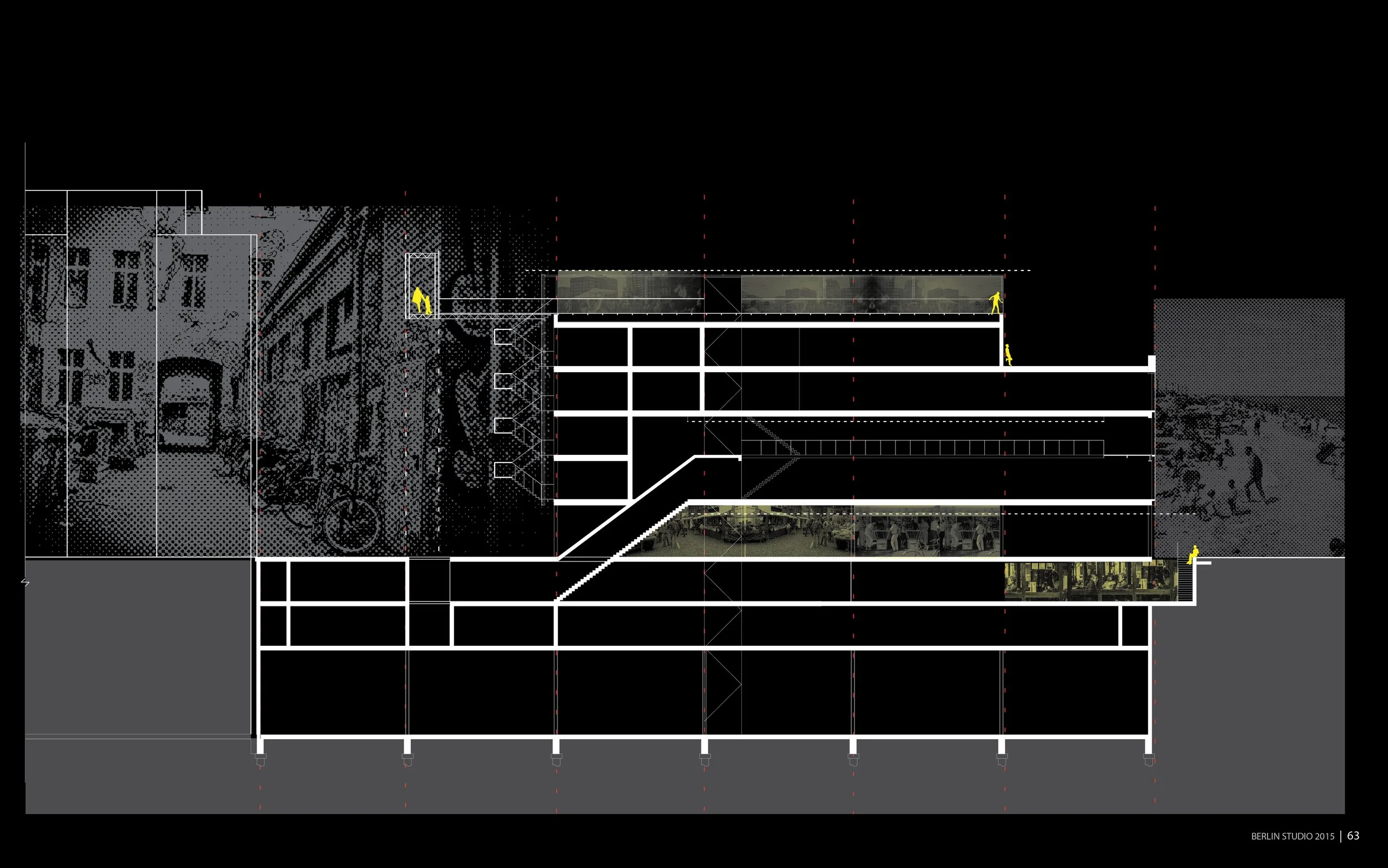Architectural blueprint or technical drawing of a multi-story building with interior details and annotations, shows side view with sections and elevations.