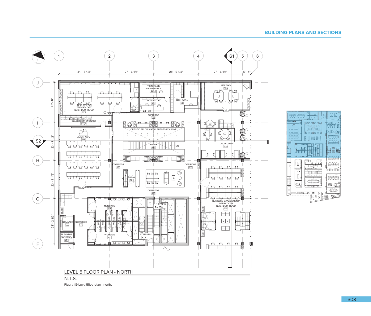 A detailed architectural floor plan of the fifth level of a building, showing various rooms, corridors, and designated areas for offices, storage, meeting rooms, and amenities.