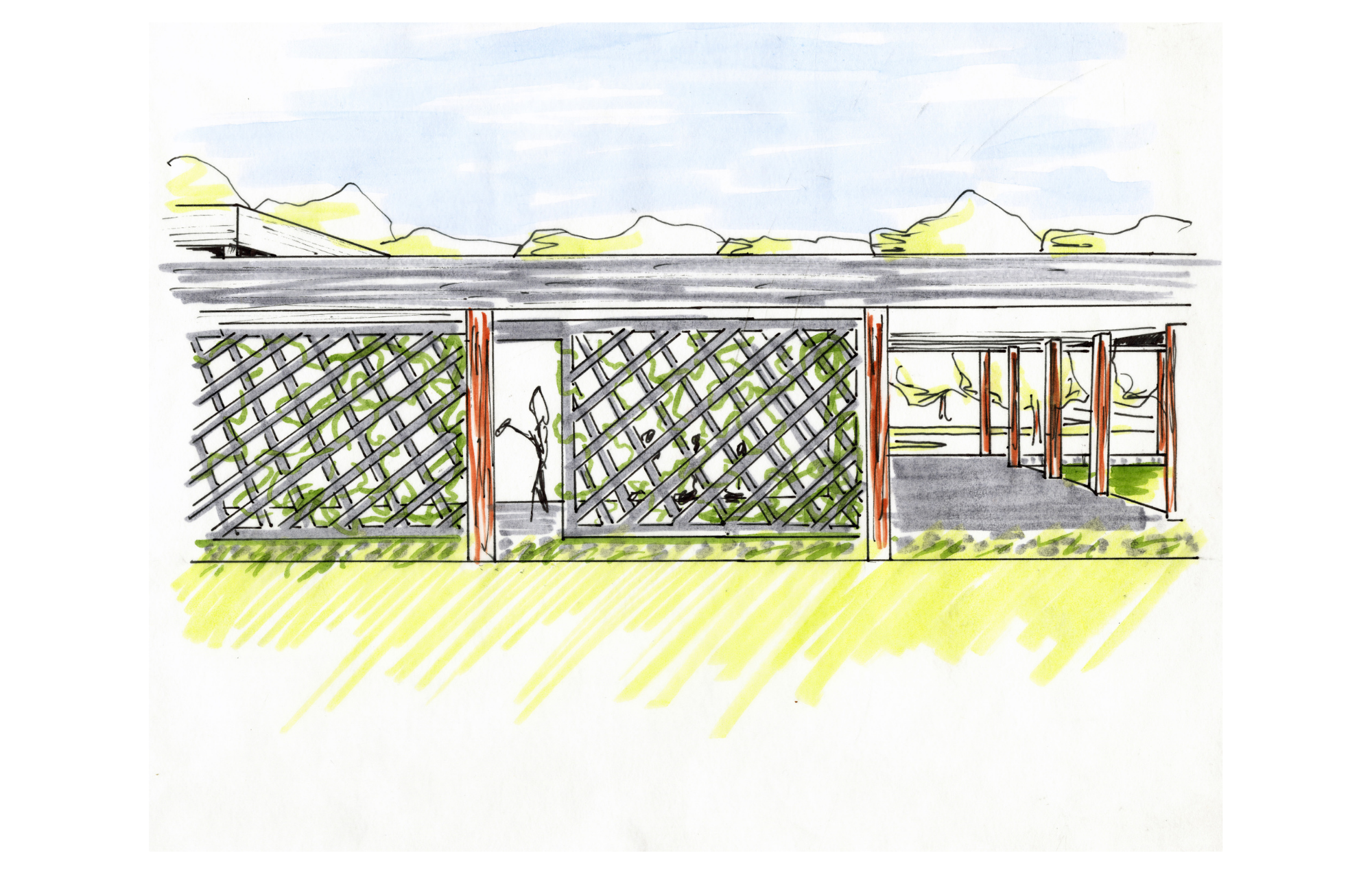Colorful sketch of a backyard with a wooden lattice fence, small gate, and greenery, with mountains and a blue sky in the background.