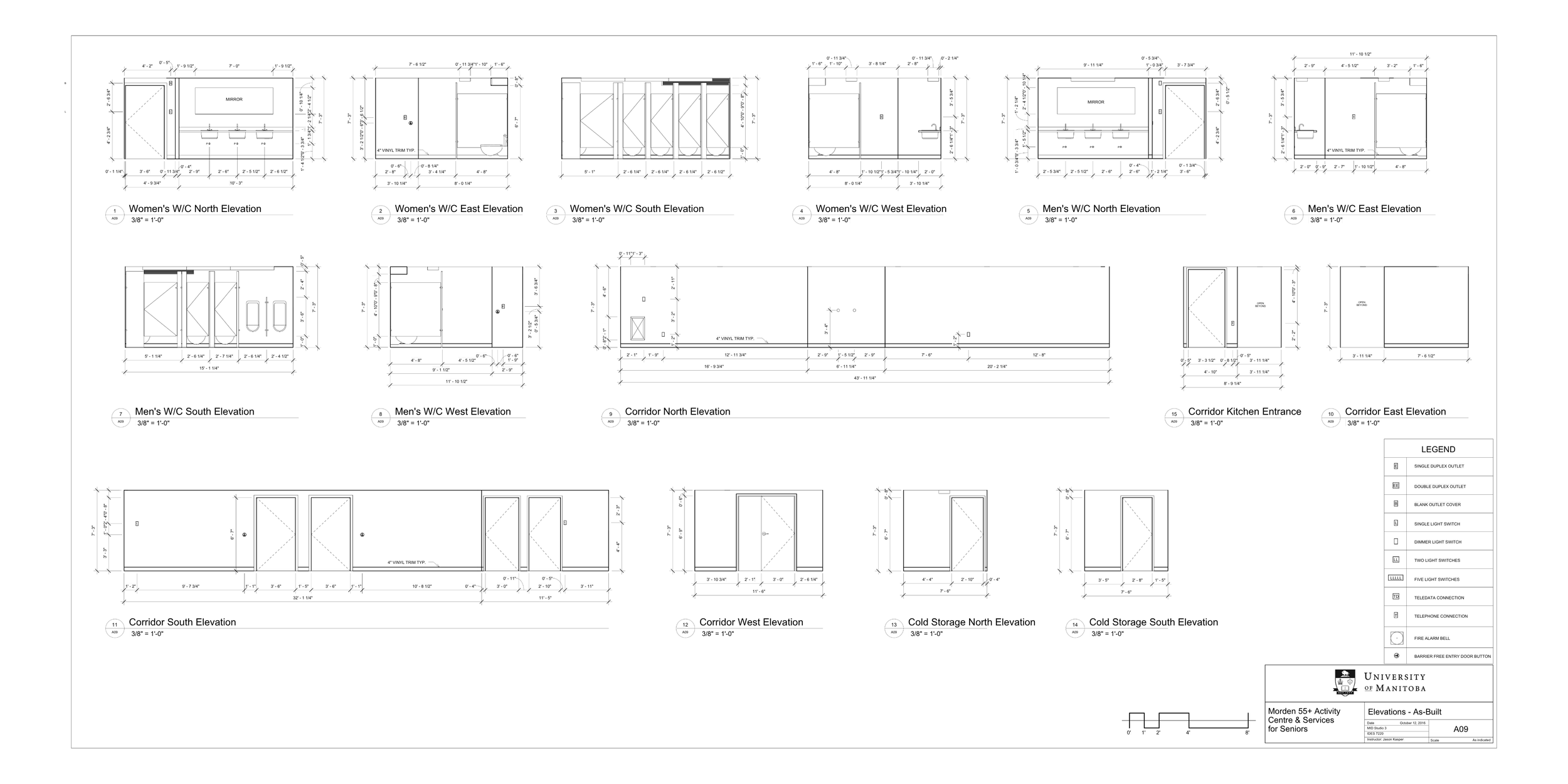 Architectural blueprint of building elevations and cross-sections, including restroom layouts and cold storage areas, with detailed measurements and legend.