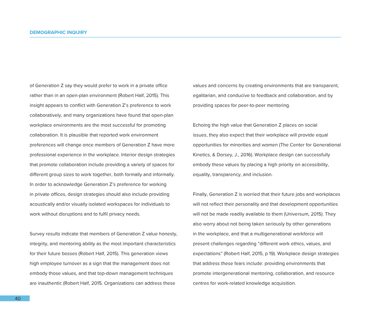 Open book or report discussing demographic inquiry with text about workplace environments, Generation Z, collaboration, social issues, and workplace design strategies.
