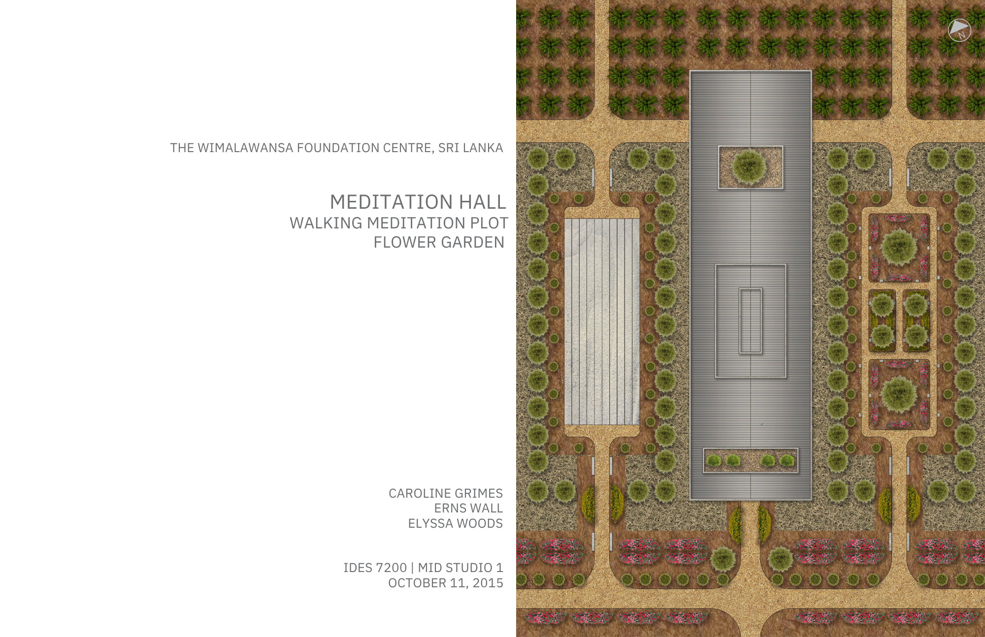 A plan view of a garden with walkways, trees, and flower beds. The garden is associated with The Wimalawansa Foundation Centre in Sri Lanka. The layout includes a meditation hall, walking meditation plot, flower garden, and areas with different types