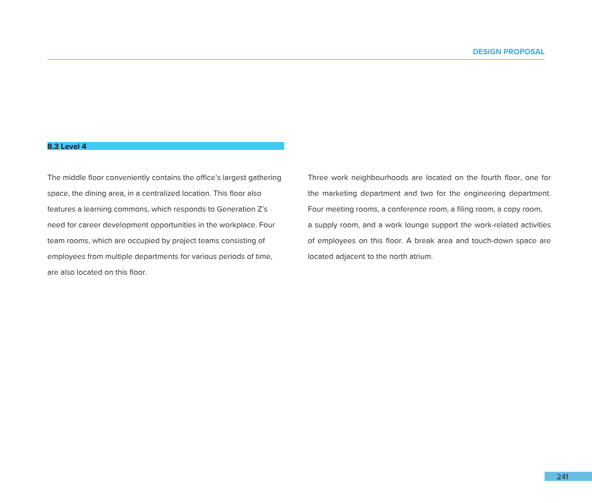 A two-page spread of a document with the title 'Design Proposal.' The left page is numbered 241 and contains text about an office's middle floor, its spaces, and conference rooms. The right page continues the description of the work neighborhoods, me