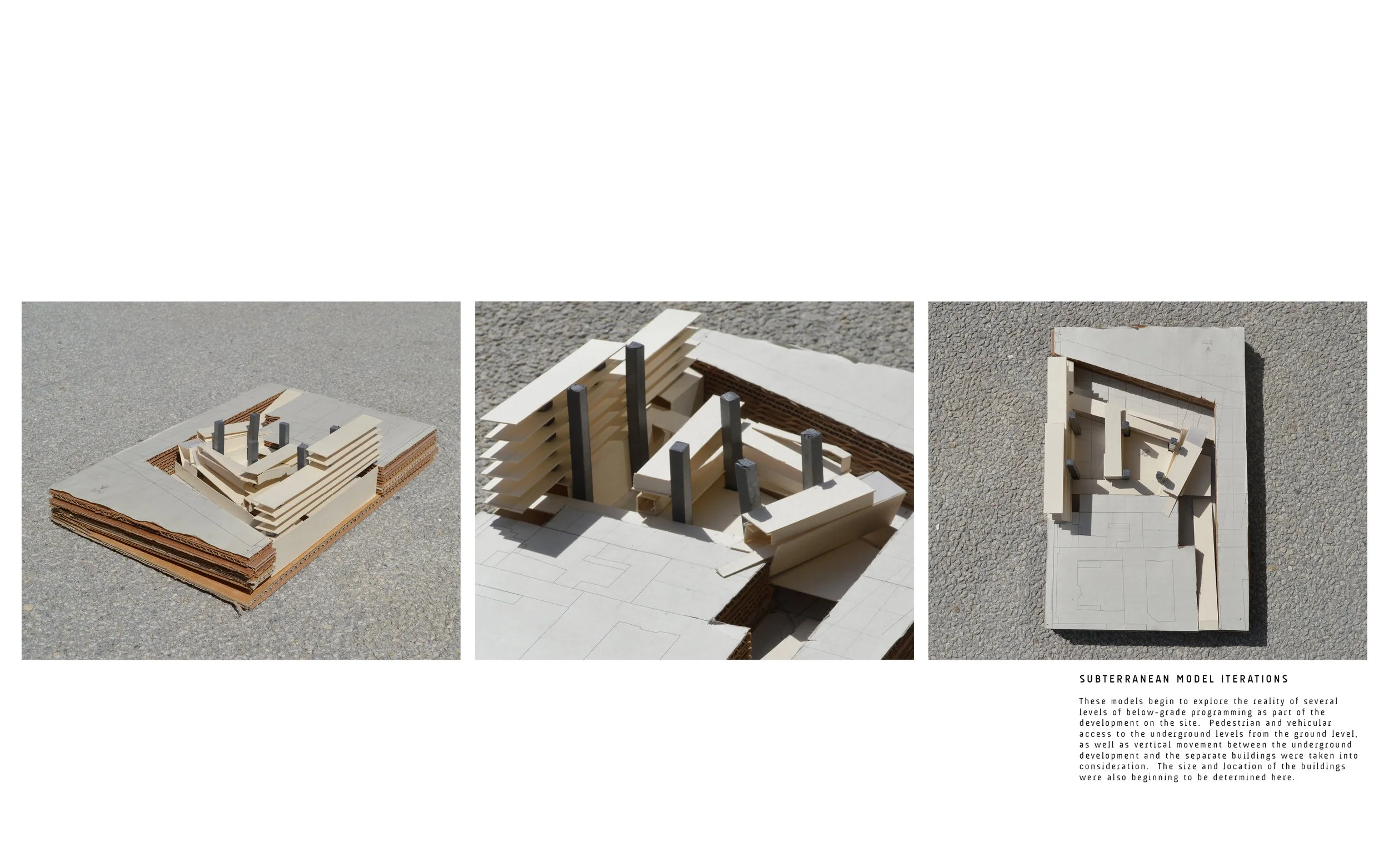 Three architectural models of underground and above-ground levels with structures including pillars and pedestrian access points, placed on textured ground surfaces.