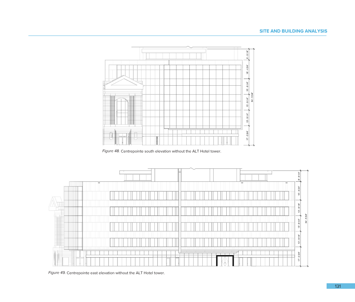Architectural site and building analysis with two elevation drawings titled 'Centrepointe south elevation without the ALT Hotel tower' and 'Centrepointe east elevation without the ALT Hotel tower'.