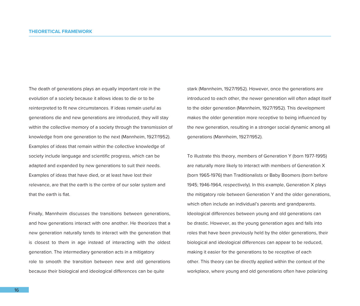 Page from a book or article with the title 'THEORETICAL FRAMEWORK' at the top in blue text, containing two columns of text discussing societal ideas, generations, and intergenerational interactions, with page number 16 at the bottom left corner.