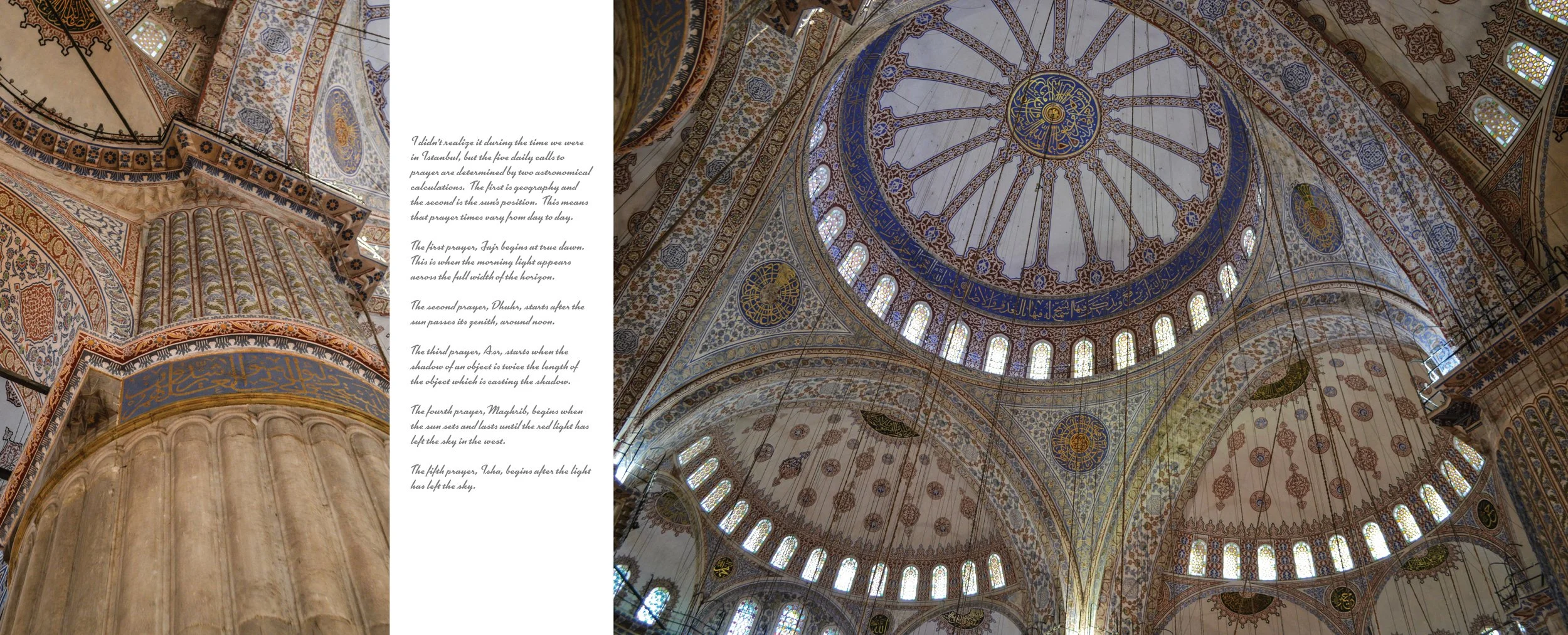 Interior view of a mosque with intricate blue, gold, and white tilework on the dome ceiling and surrounding arches, sunlight filtering through stained glass windows, and a column with carvings and decorative details.