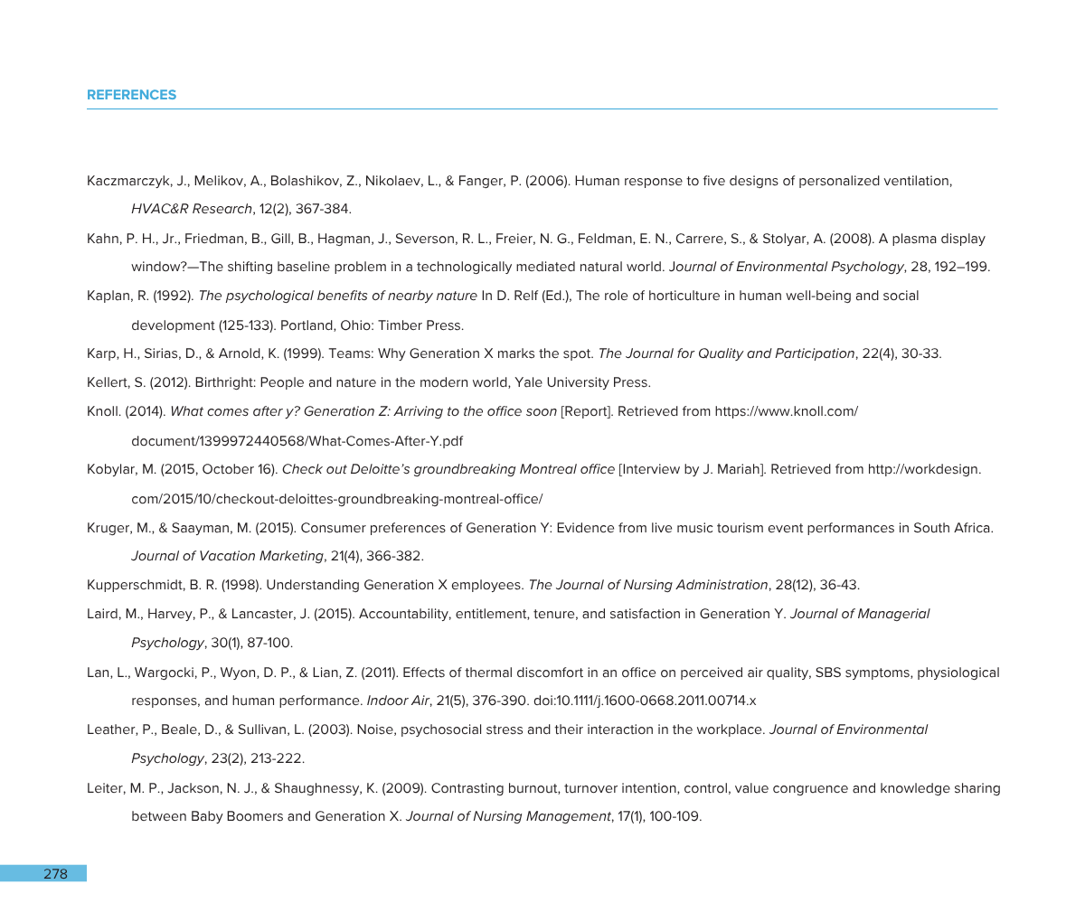 A page from an academic research paper or book, listing references and citations, with a blue line and the page number 278.
