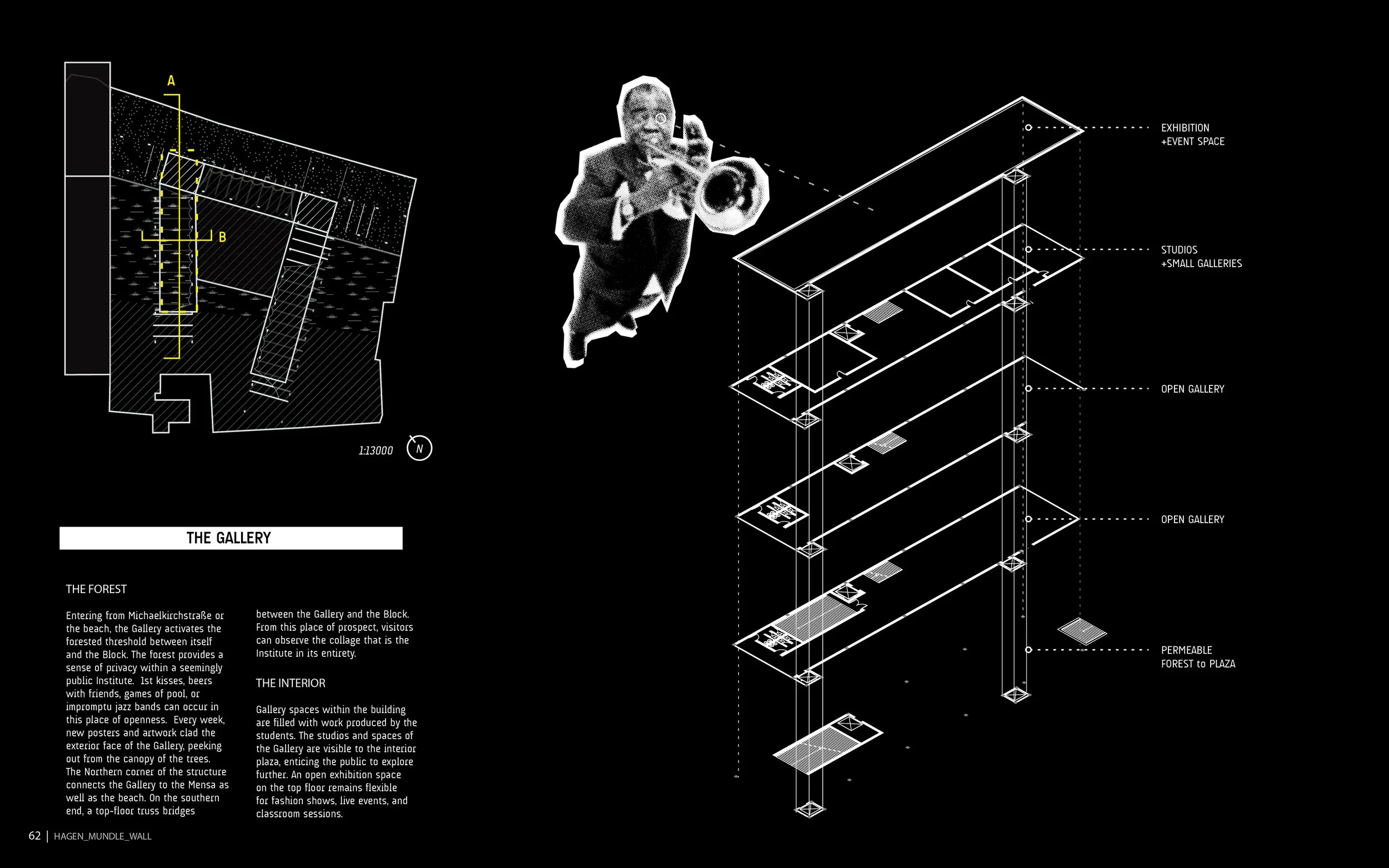 Architectural blueprint of a gallery space with labeled sections for exhibition, studios, open gallery, and pavilion, and a black-and-white figure of a person taking a picture in the center.