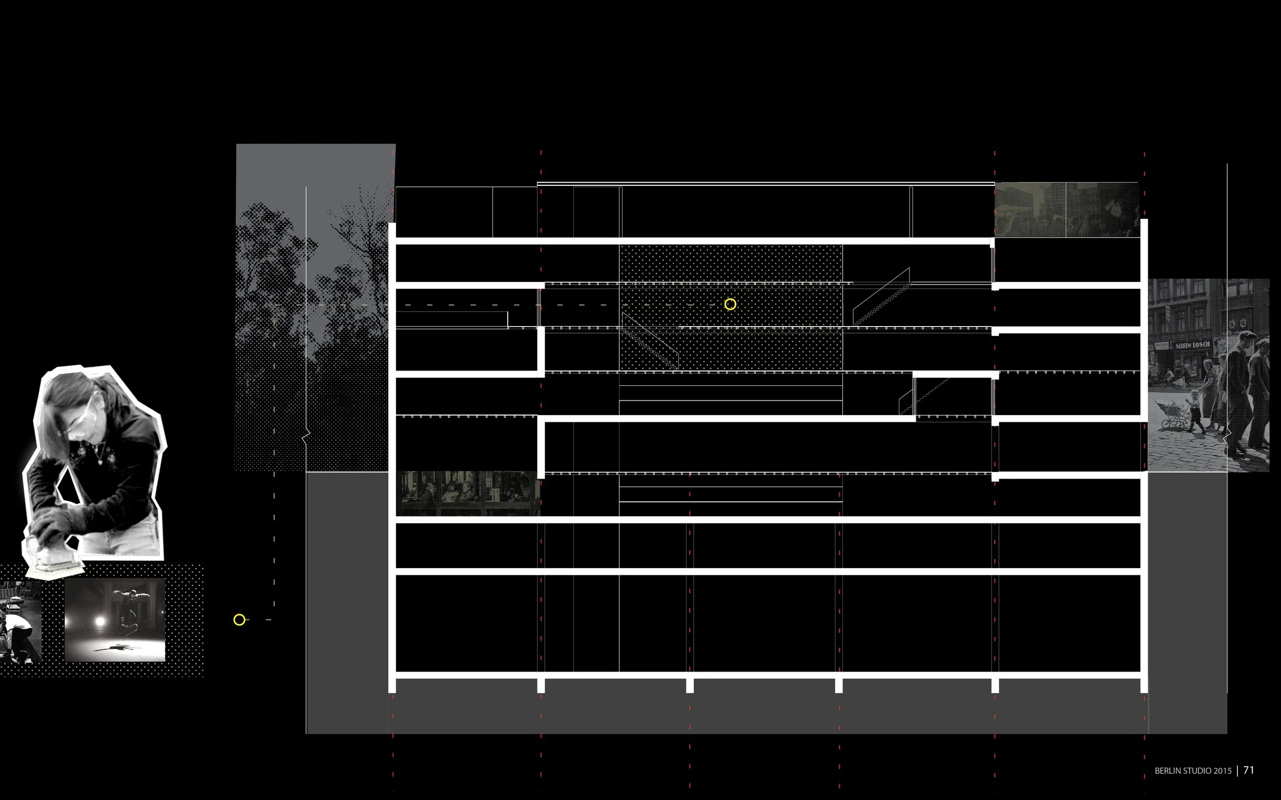 A black background with various small images and graphics, including photos of people and architectural sketches, and white horizontal lines resembling a blueprint or architectural plan.