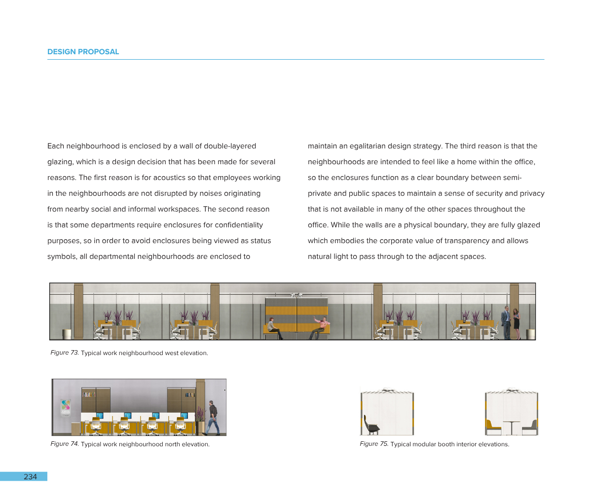 Image showing architectural design proposals with three different illustrations: a typical work neighborhood west elevation, a typical work neighborhood north elevation, and modular booth interior elevations. The images feature modern office spaces w