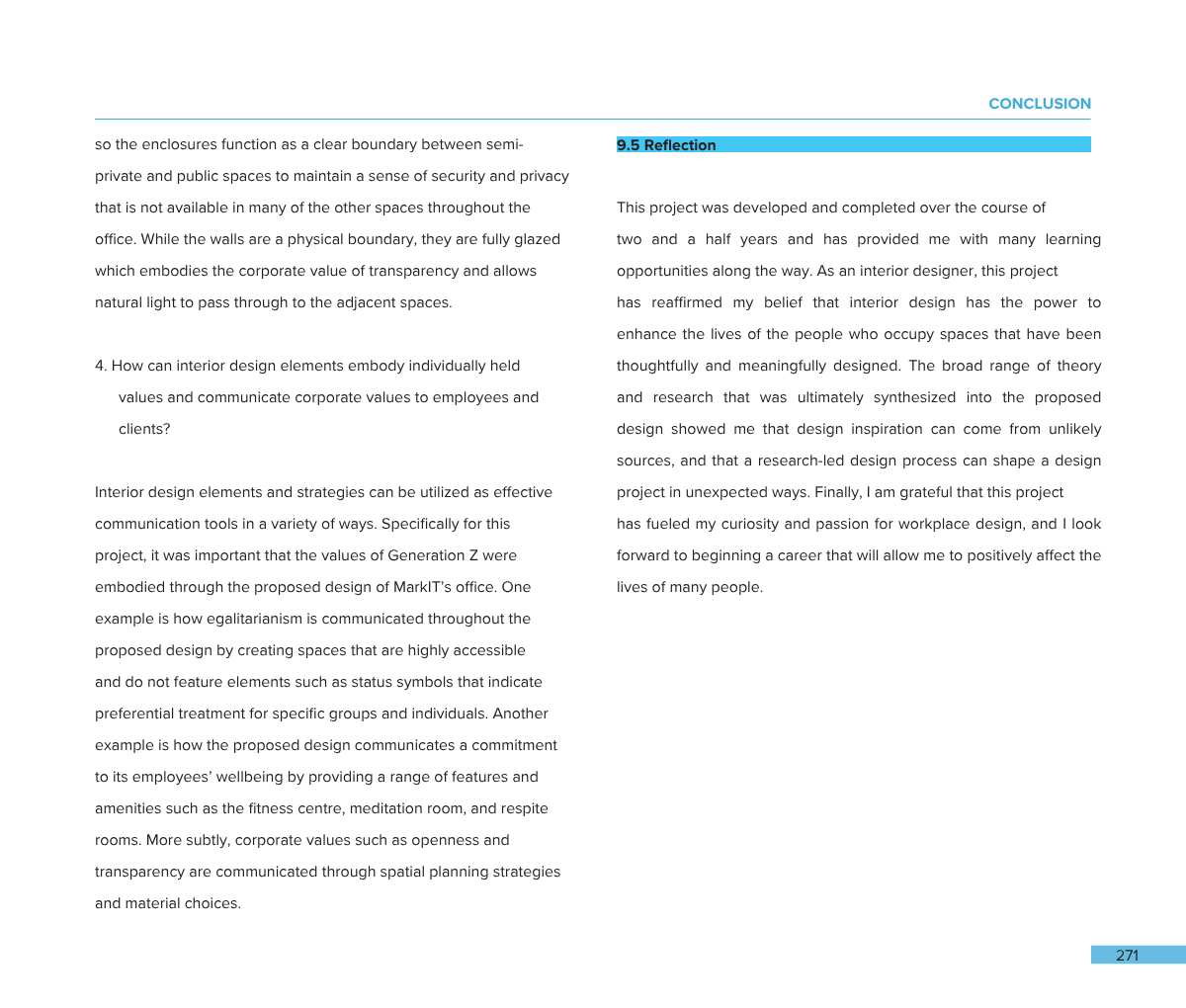 A page from a document with a blue highlight labeled "9.5 Reflection" and a conclusion section discussing interior design, corporate values, and workspace environment.