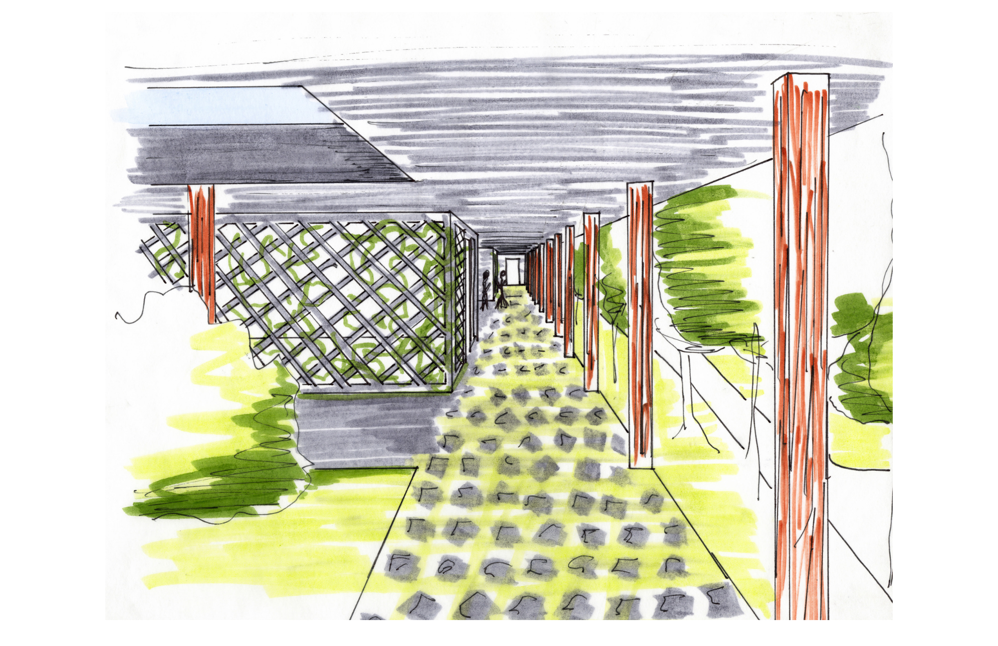 A colored sketch of an outdoor patio area with gravel walking path, a wooden lattice fence on the left, and tall wooden posts on the right, overcast sky, greenery in the background.