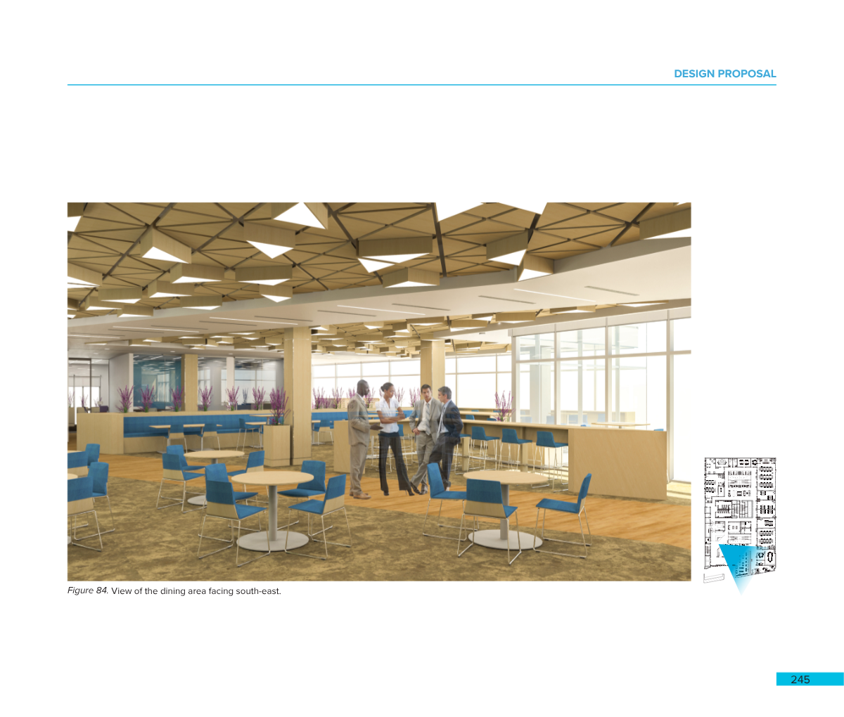 Interior view of a modern dining area with blue chairs, round tables, and a bar in the background showing a group of four people in conversation.