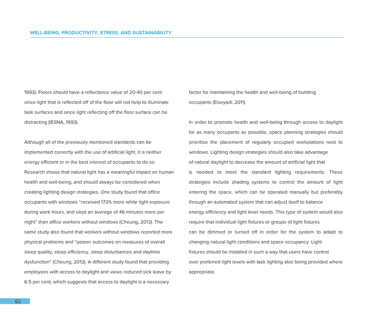Text from a document discussing well-being, productivity, stress, and sustainability, with a page number 62 at the bottom.