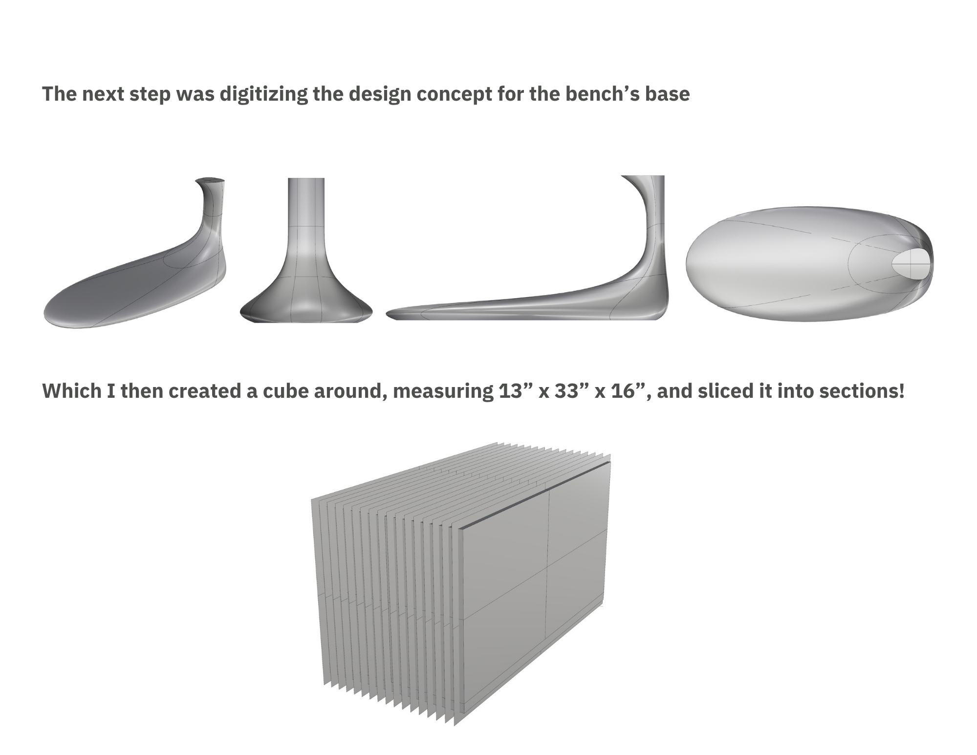 3D models of a shoe, a vase, and a bench in various stages of design and modeling, and a stack of rectangular slabs.