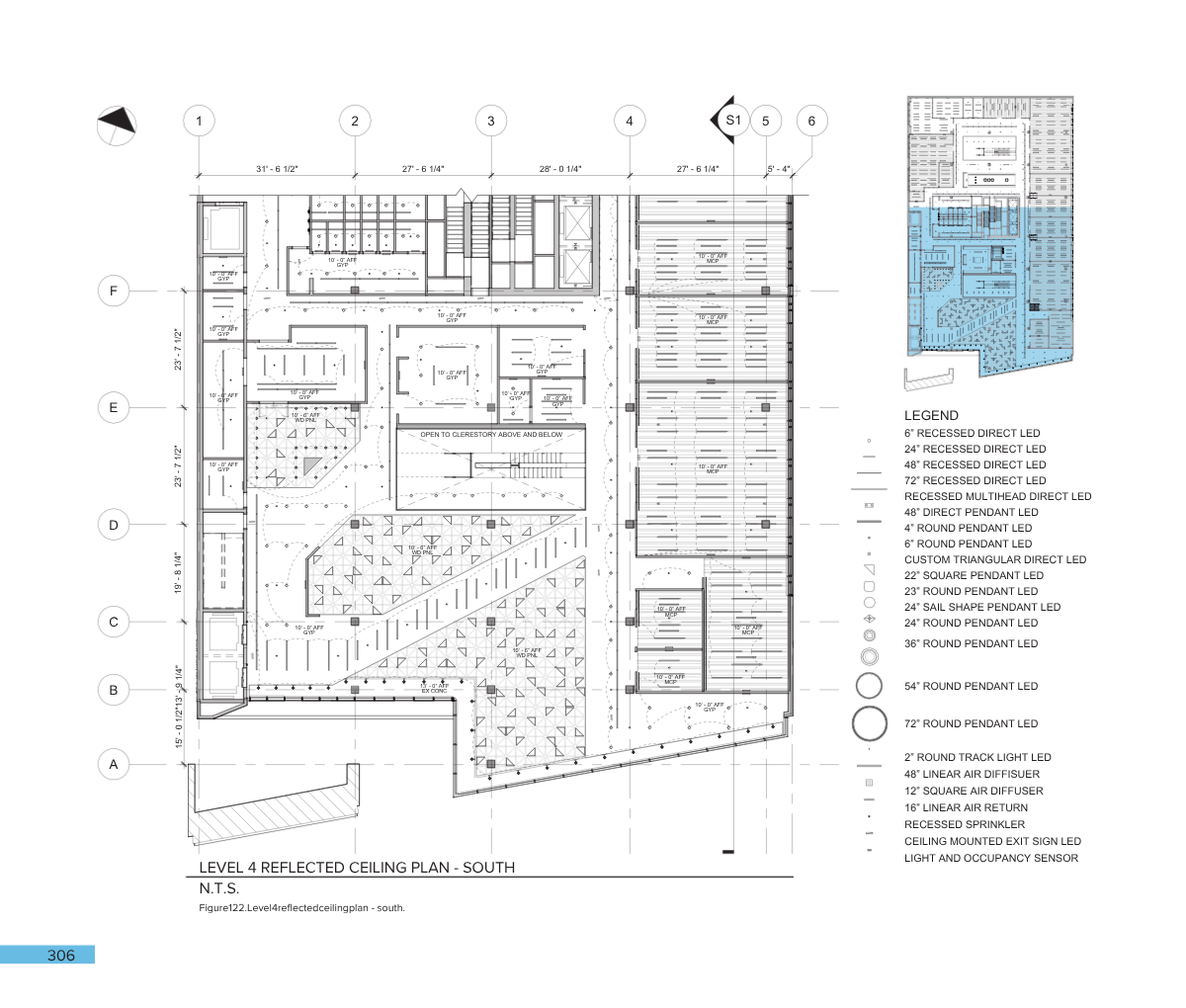 Architectural blueprint of a reflected ceiling plan for level 4, showing room layouts, lighting fixtures, and sensor locations, with a legend for symbols and lighting types.