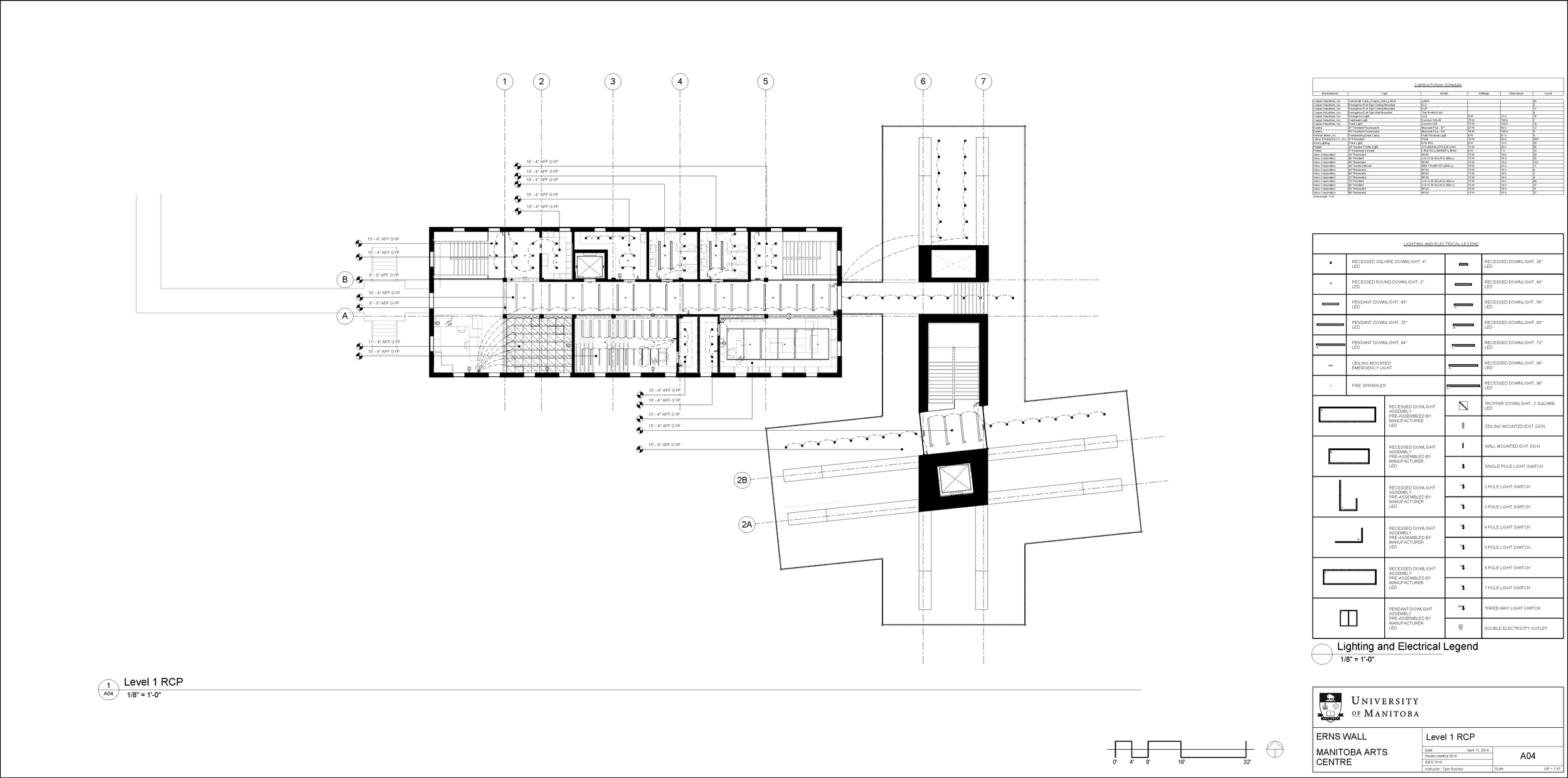 A detailed architectural floor plan drawing with various symbols, measurements, and a legend, labeled as Level 1 RCP for a building at the University of Manitoba, Manitoba Arts Centre.