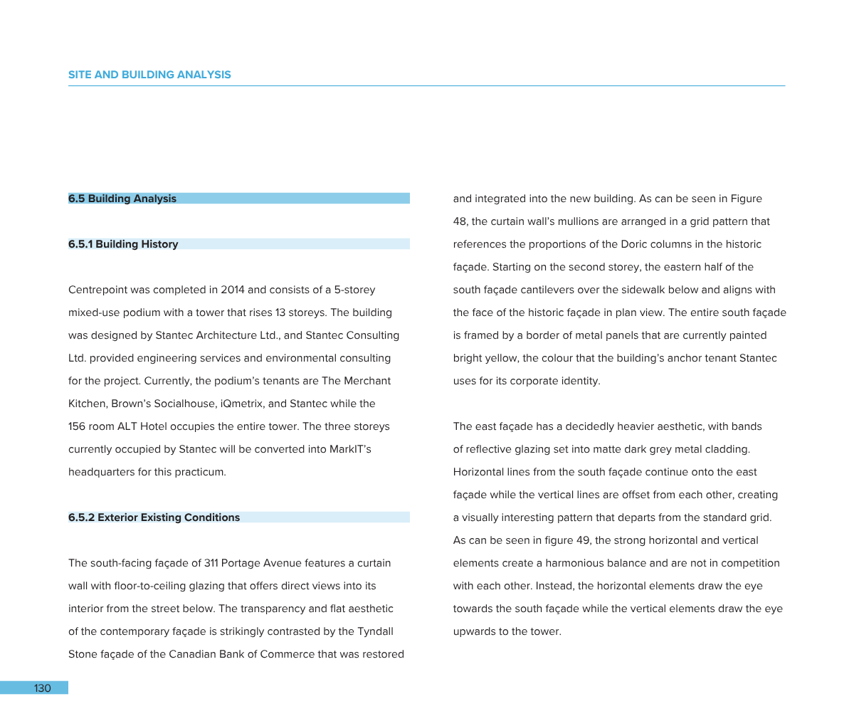 Excerpt from a building analysis report showing text about building history, exterior conditions, and architectural features, with page number 130 at the bottom.