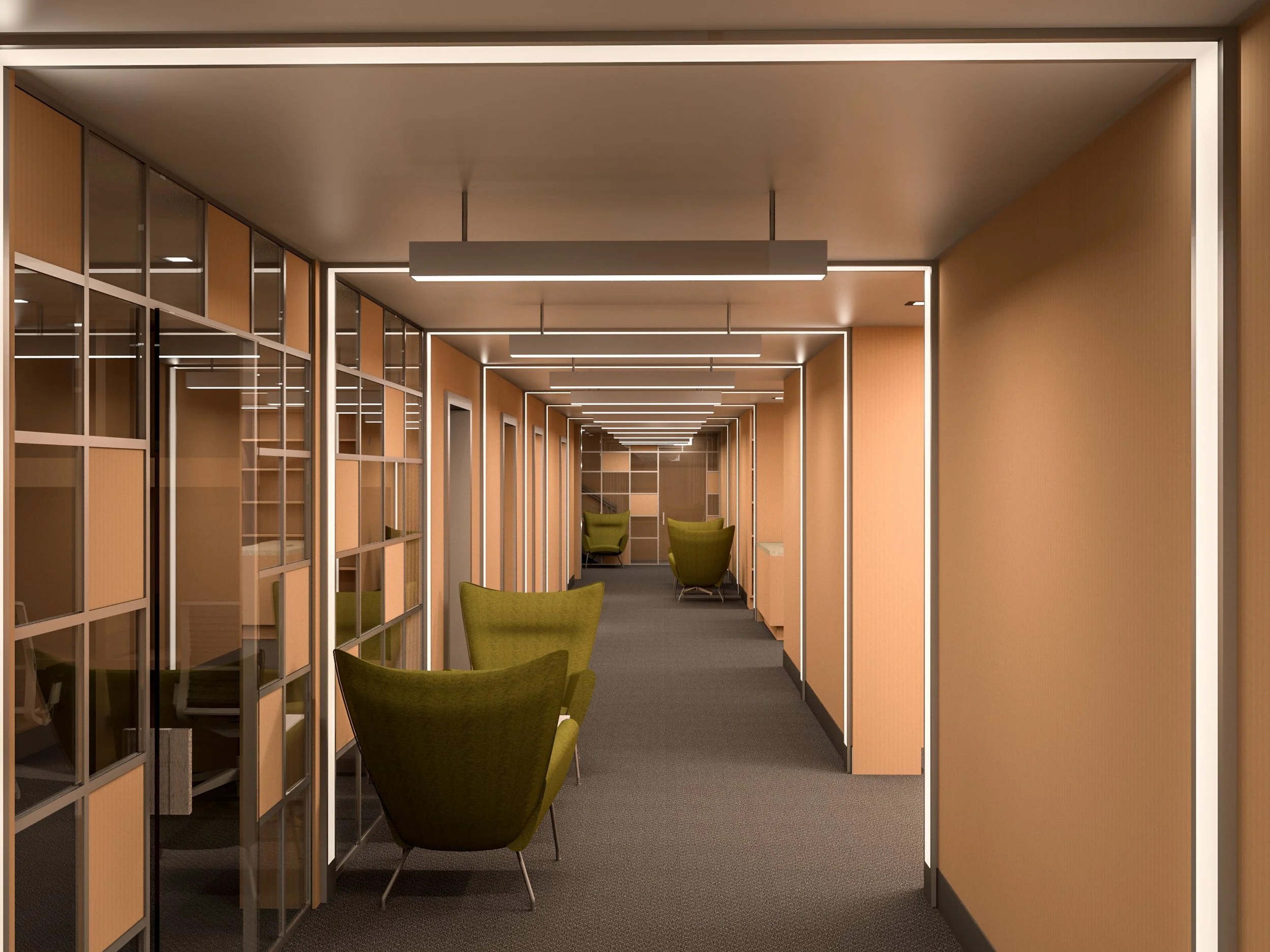Modern office corridor with glass partition walls, tan accents, and green chairs, illuminated by linear ceiling lights.