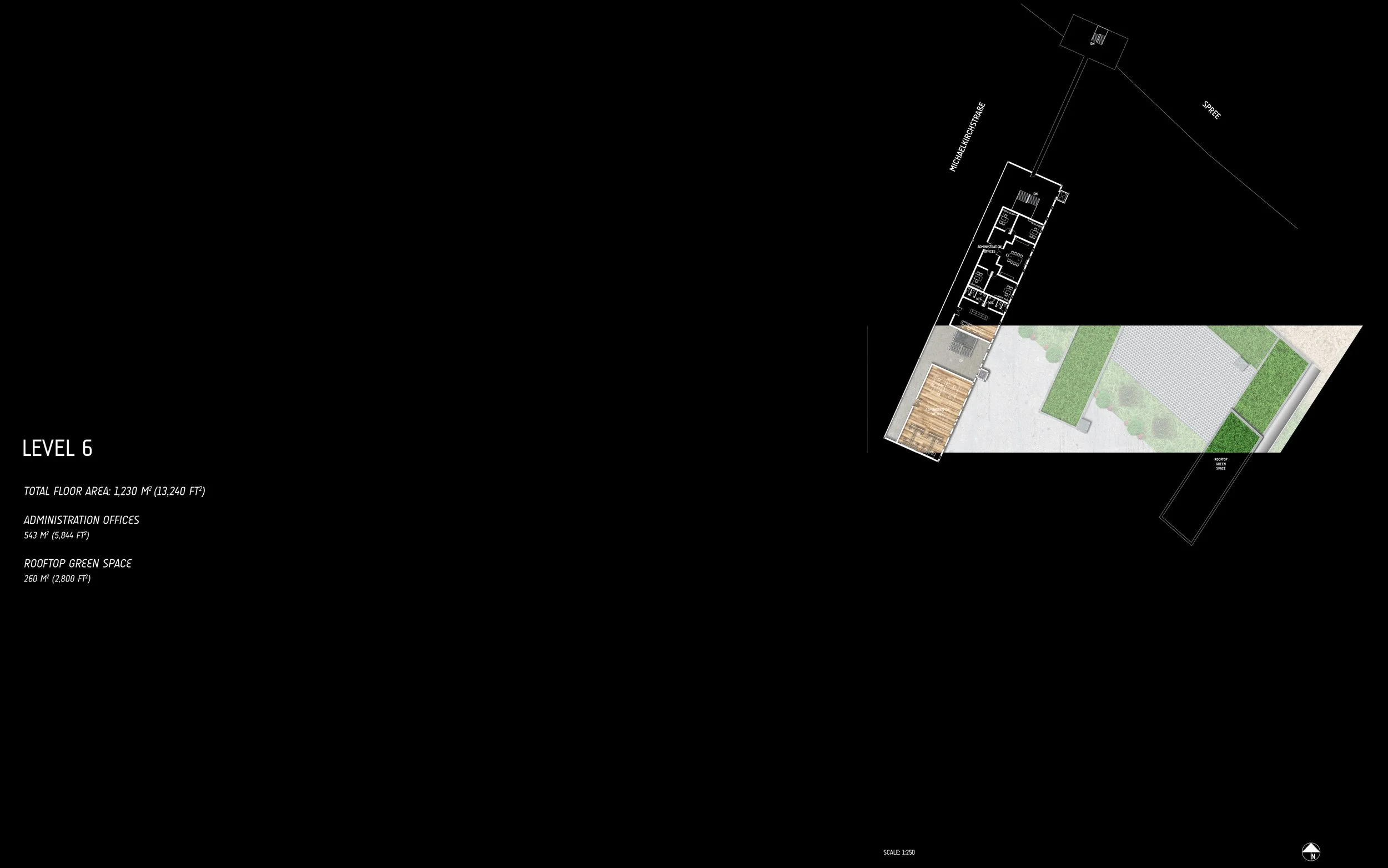 Architectural floor plan of level 6 showing administration offices, rooftop green space, and surrounding streets labeled Micheal Krockerstrasse and Spree. Total floor area: 1,230 square meters.