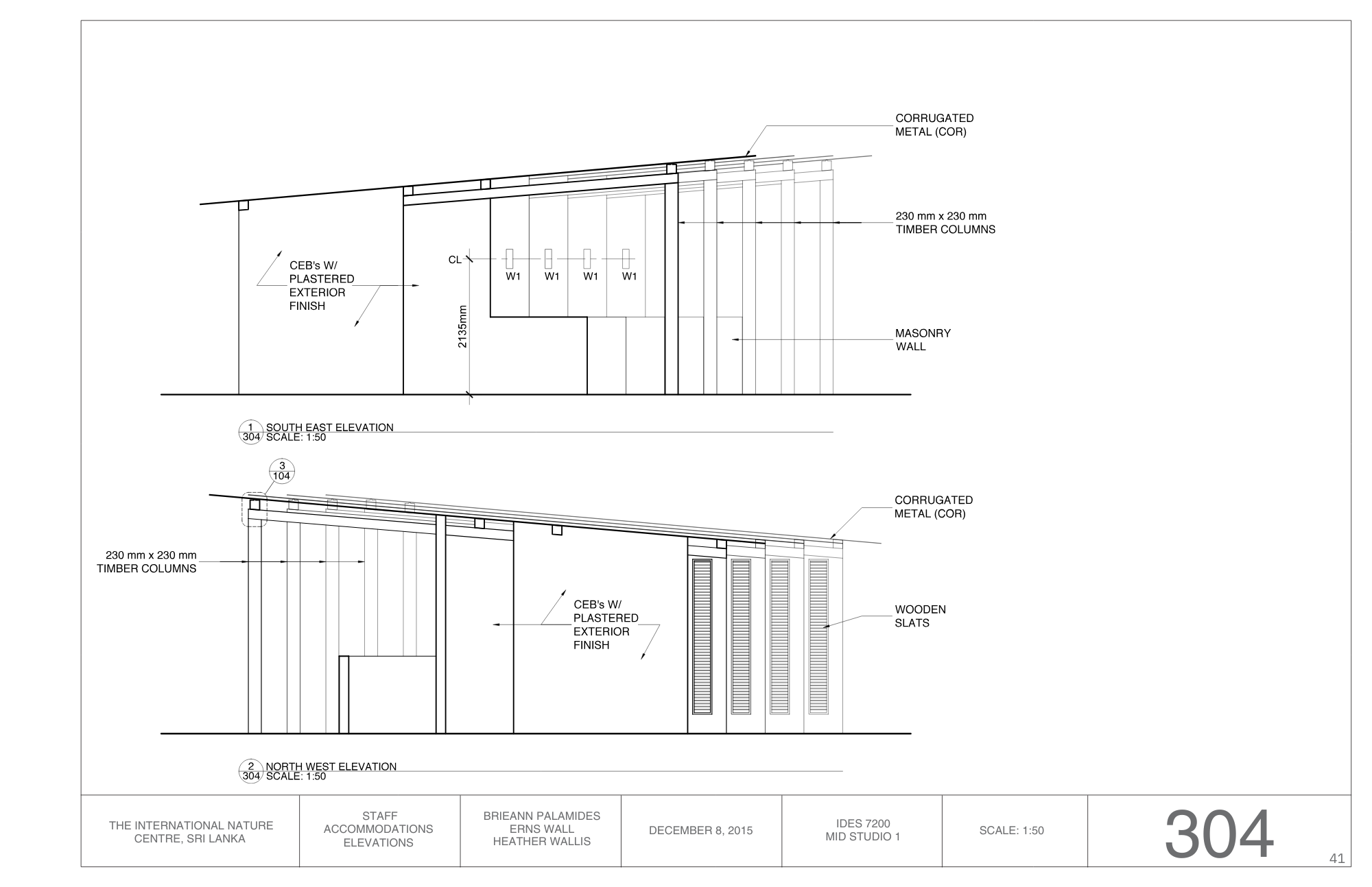 A detailed architectural drawing of building elevations, including south east and north west views, with annotations and labels for construction materials like timber columns, masonry walls, and corrugated metal roofing, scaled at 1:50.