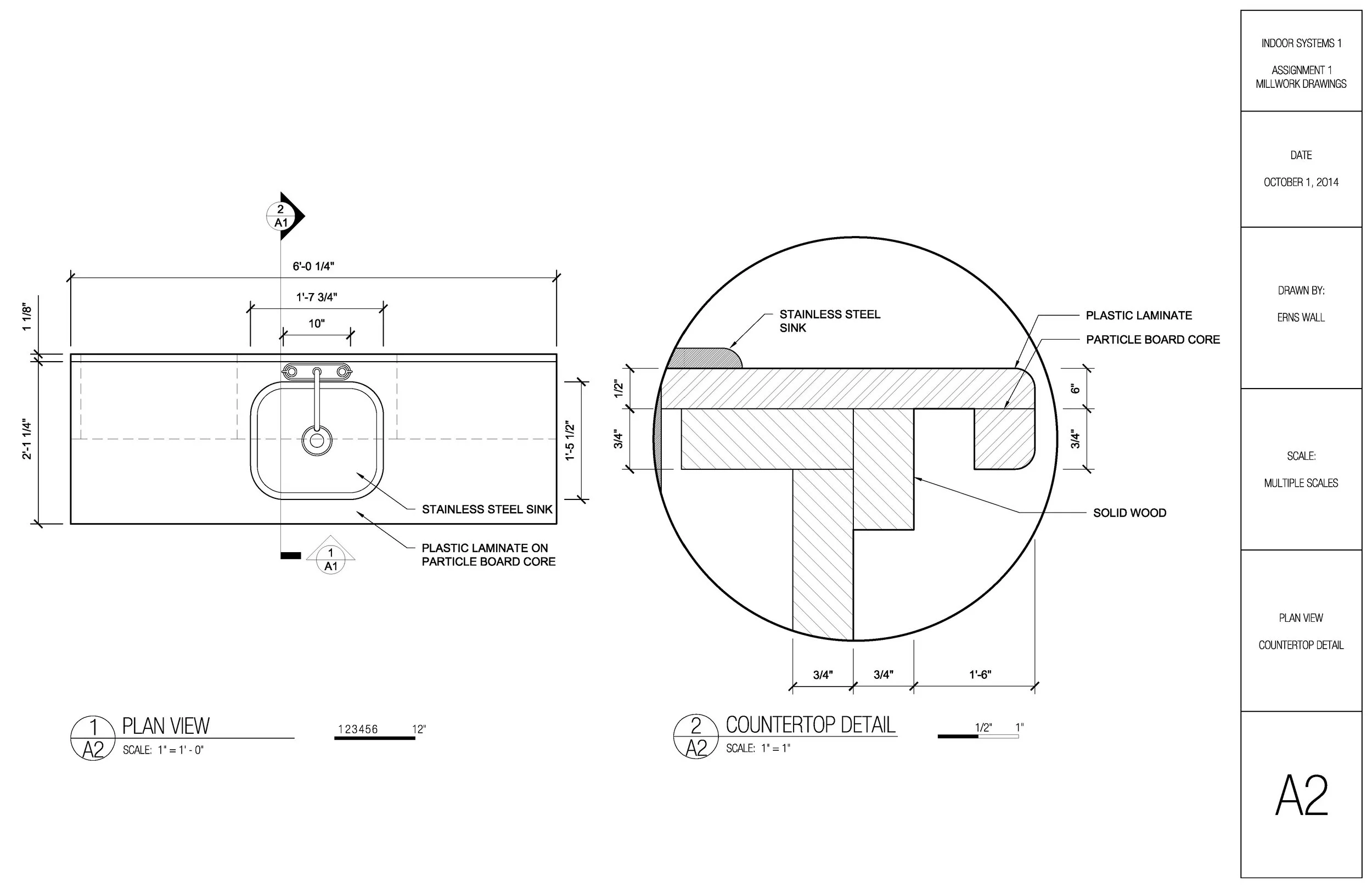 Technical drawing of a kitchen countertop with dimensions, showing a stainless steel sink, a plastic laminate surface on particle board core, and detailed cross-sectional views.