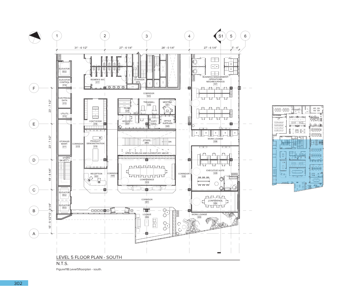 Architectural floor plan of the south side of a building's level 5, including rooms such as conference rooms, work lounges, offices, and elevators, with labels and measurements.