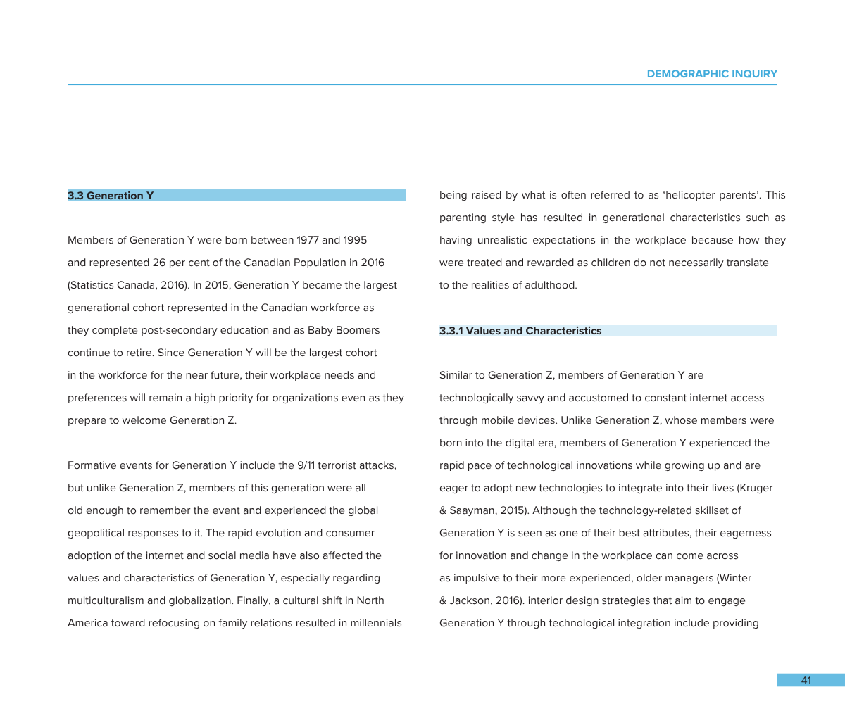 Page from a report or article titled 'Demographic Inquiry' discussing Generation Y, their birth years, characteristics, and workplace traits, with sections highlighted in blue.
