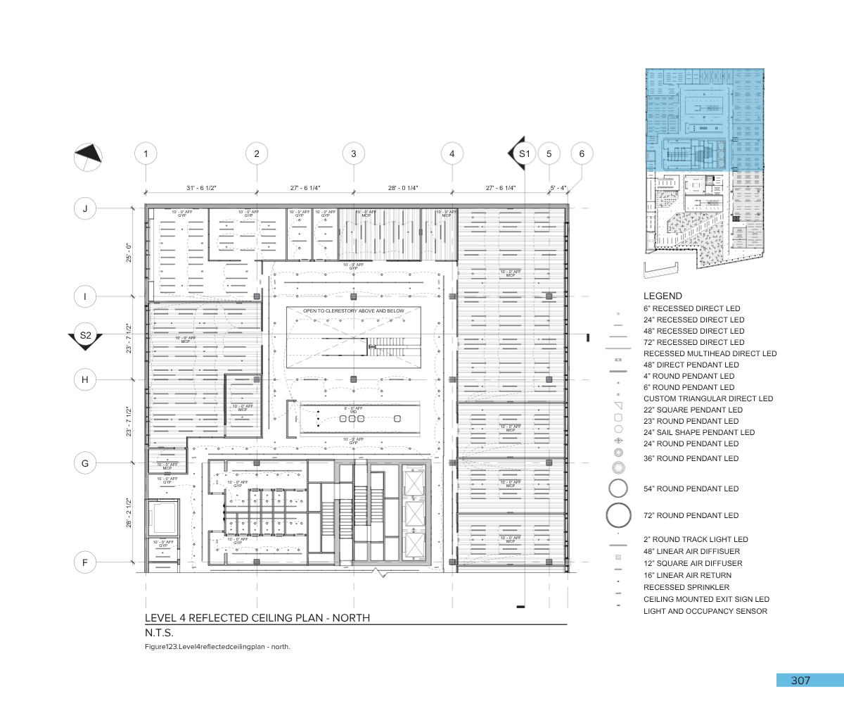 Blueprint of a building's Level 4 reflected ceiling plan, showing lighting fixtures, vents, sprinklers, and sensors, with a legend explaining various ceiling light types and symbols.