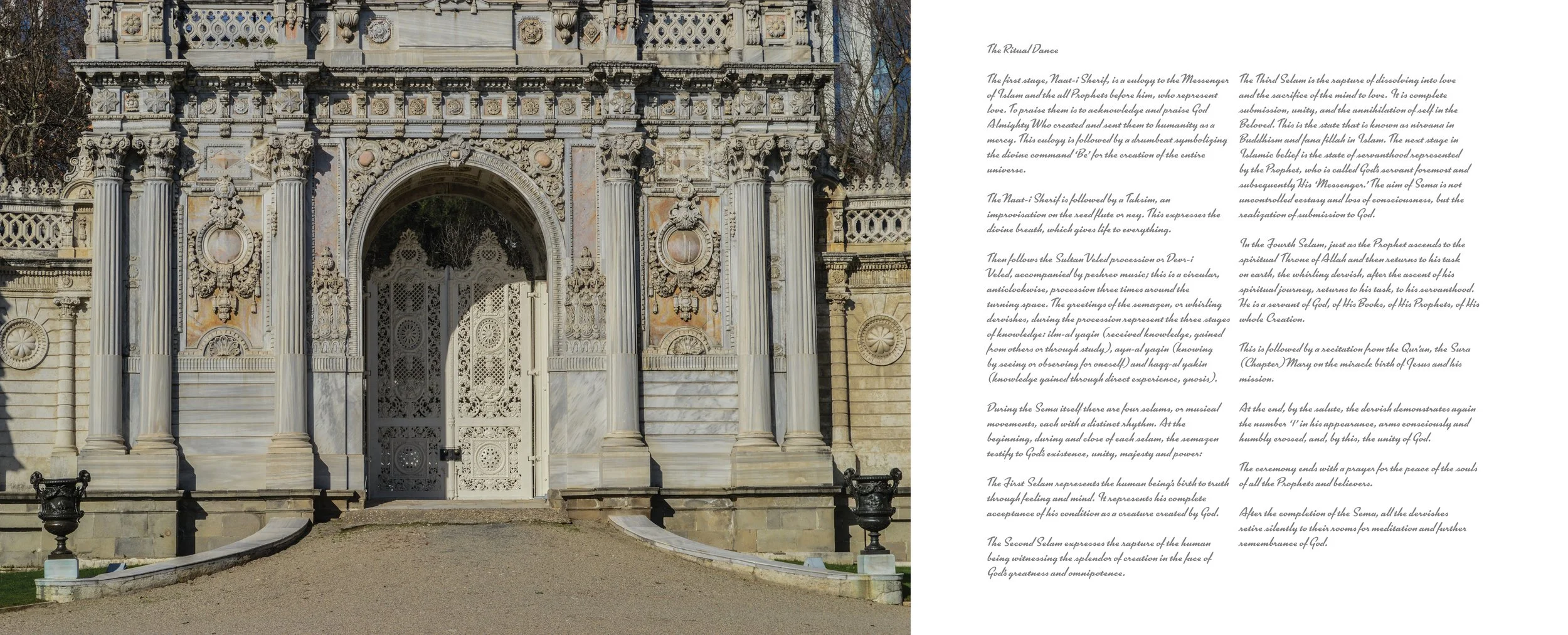 Photograph of an ornate white marble building entrance with intricate carvings, columns, and a decorative metal gate, next to a page of typed text.