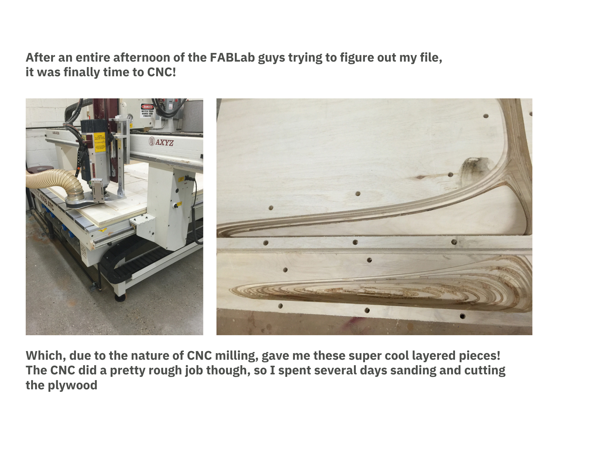 Image of a CNC milling machine on the left and layered plywood on the right. The machine appears to be in a workshop setting.