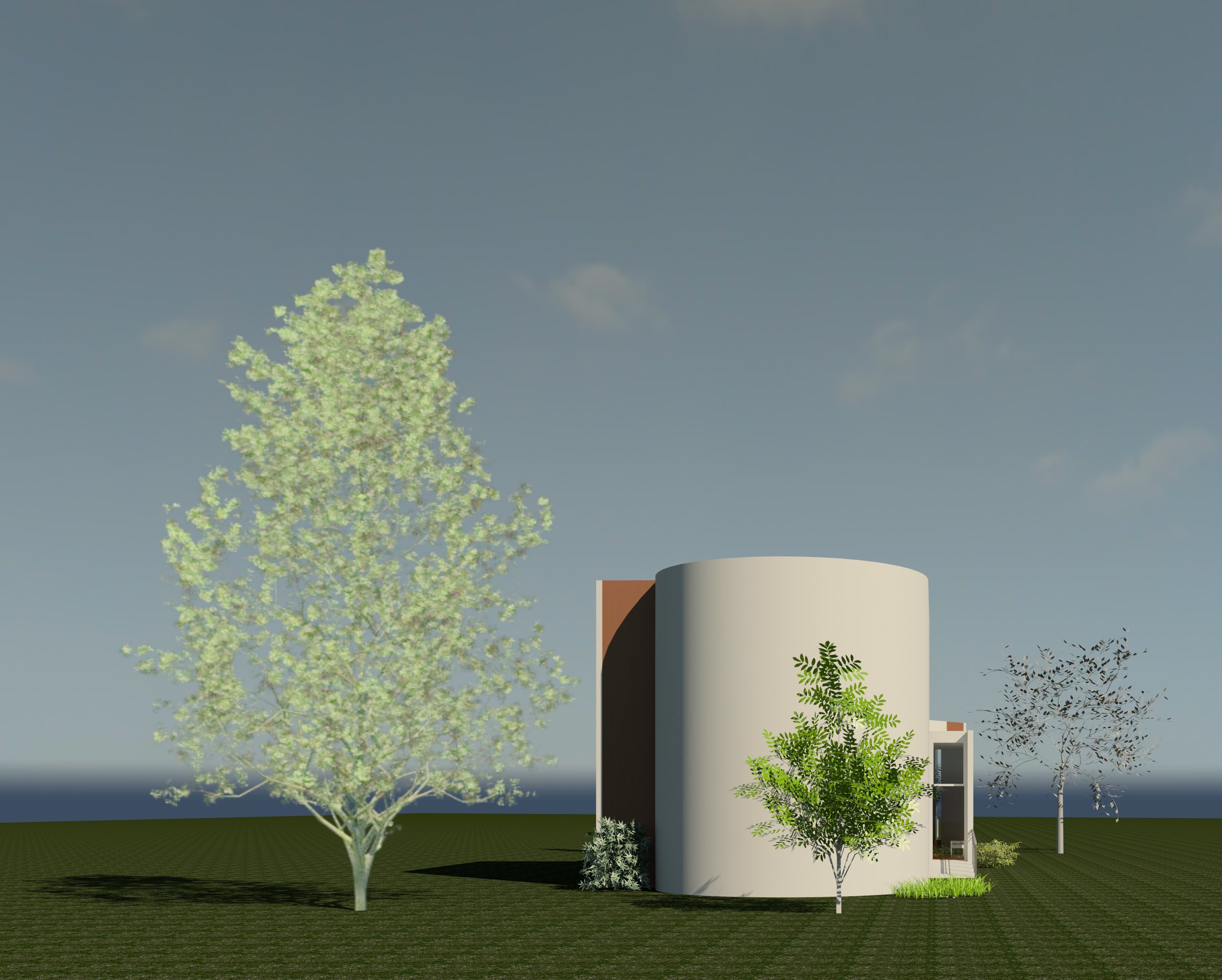 Digital rendering of a modern house with greenery, trees, and a lawn in the foreground.