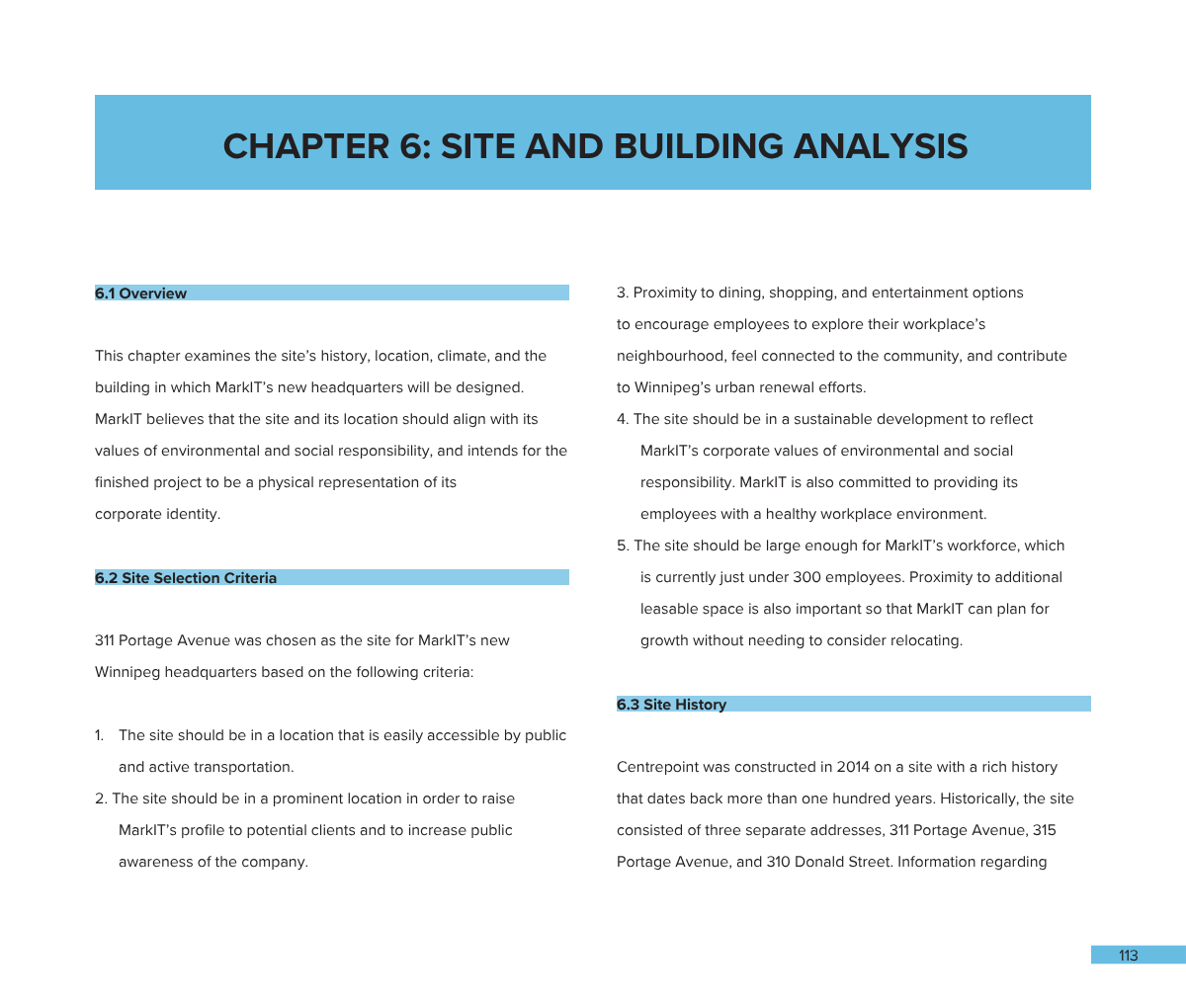 Page from a document or book titled "Chapter 6: Site and Building Analysis" with section headings, numbered lists, and highlighted text in blue. Contains information about site history, location, and criteria for new headquarters.