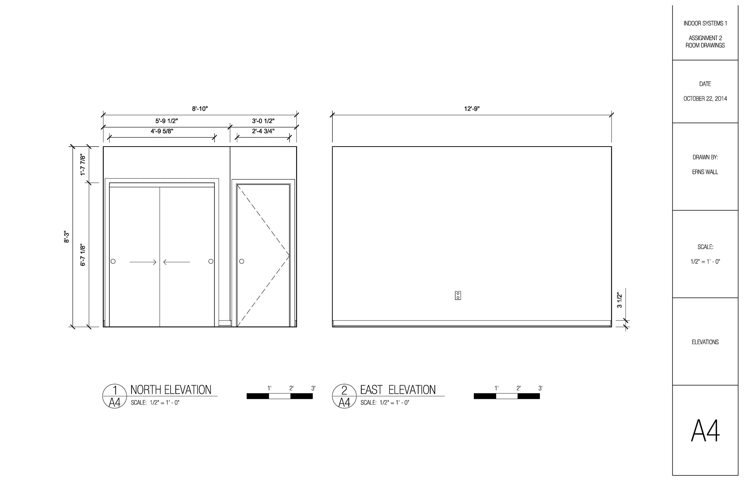 Architectural floor plan drawing of interior room system design, with measurements for North and East elevations, created by Erns Wall, dated October 22, 2014.