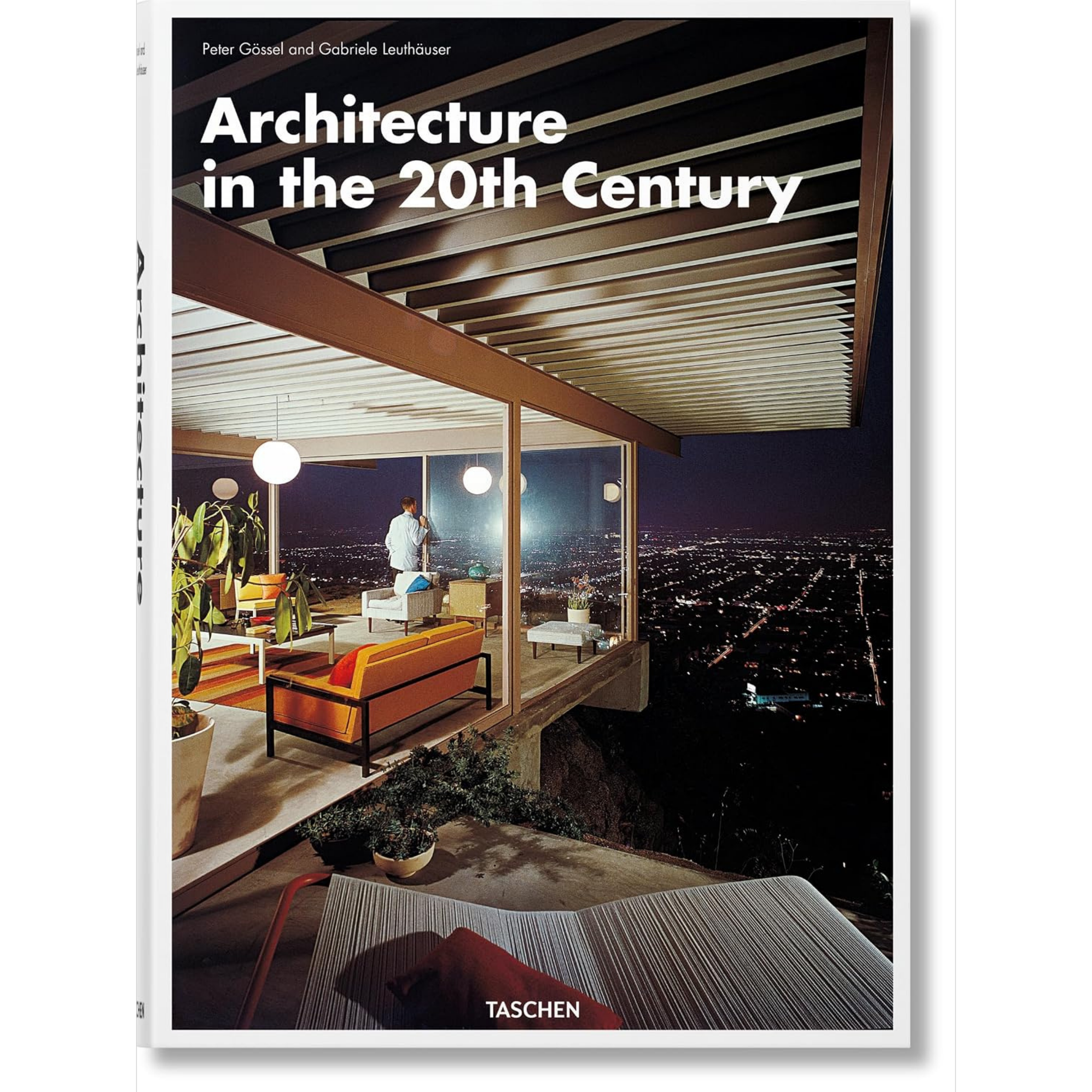 Book cover titled 'Architecture in the 20th Century' by Peter Gössel and Gabriele Leuthäuser, featuring a modern architectural ceiling with wooden slats and a view of a room with furniture and city lights outside at night.